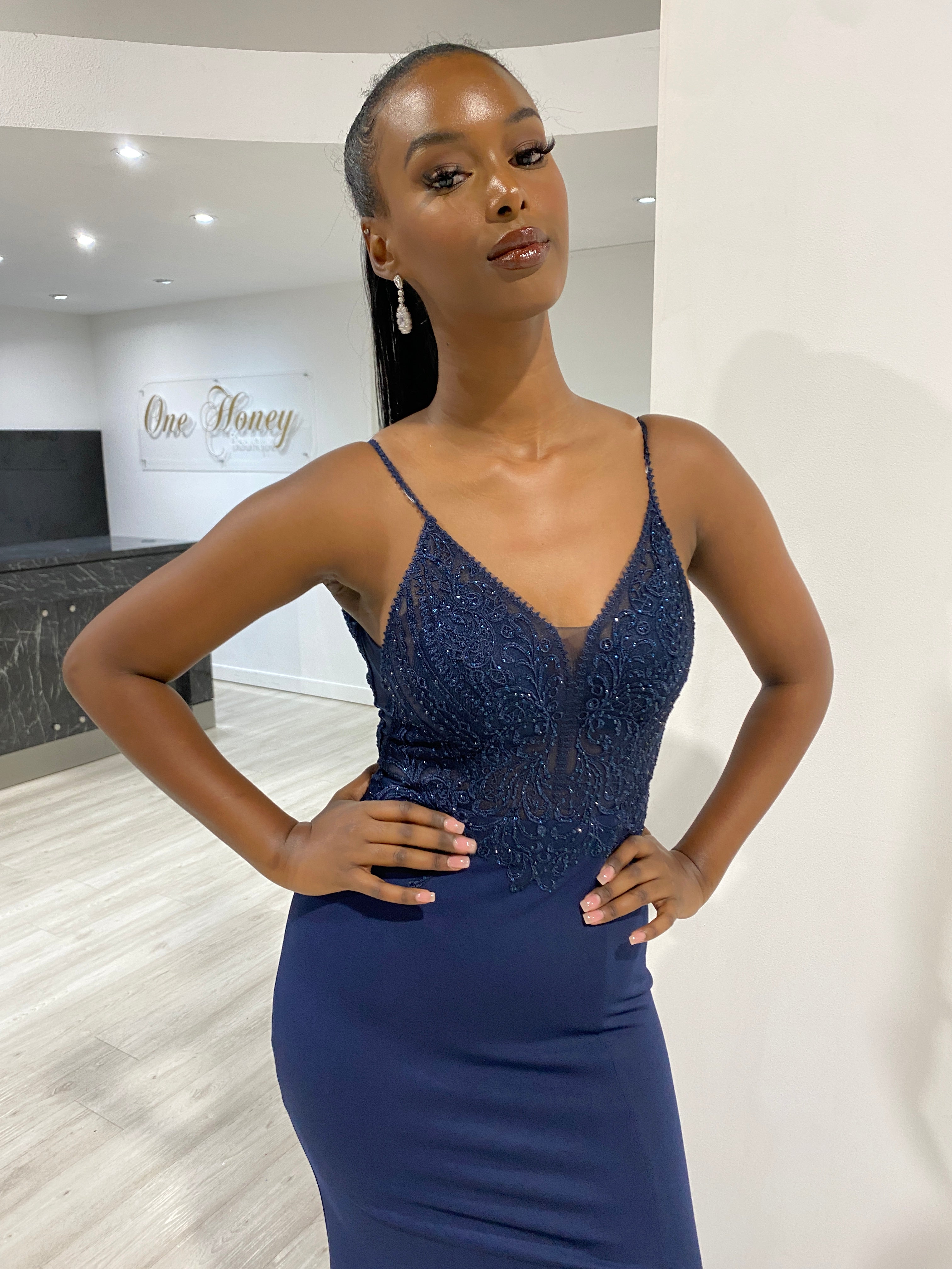 Woman wearing Honey Couture MIREN Navy Blue Lace Applique Mermaid Dress, Australian Designer Evening Gown, Affordable Prom Dress