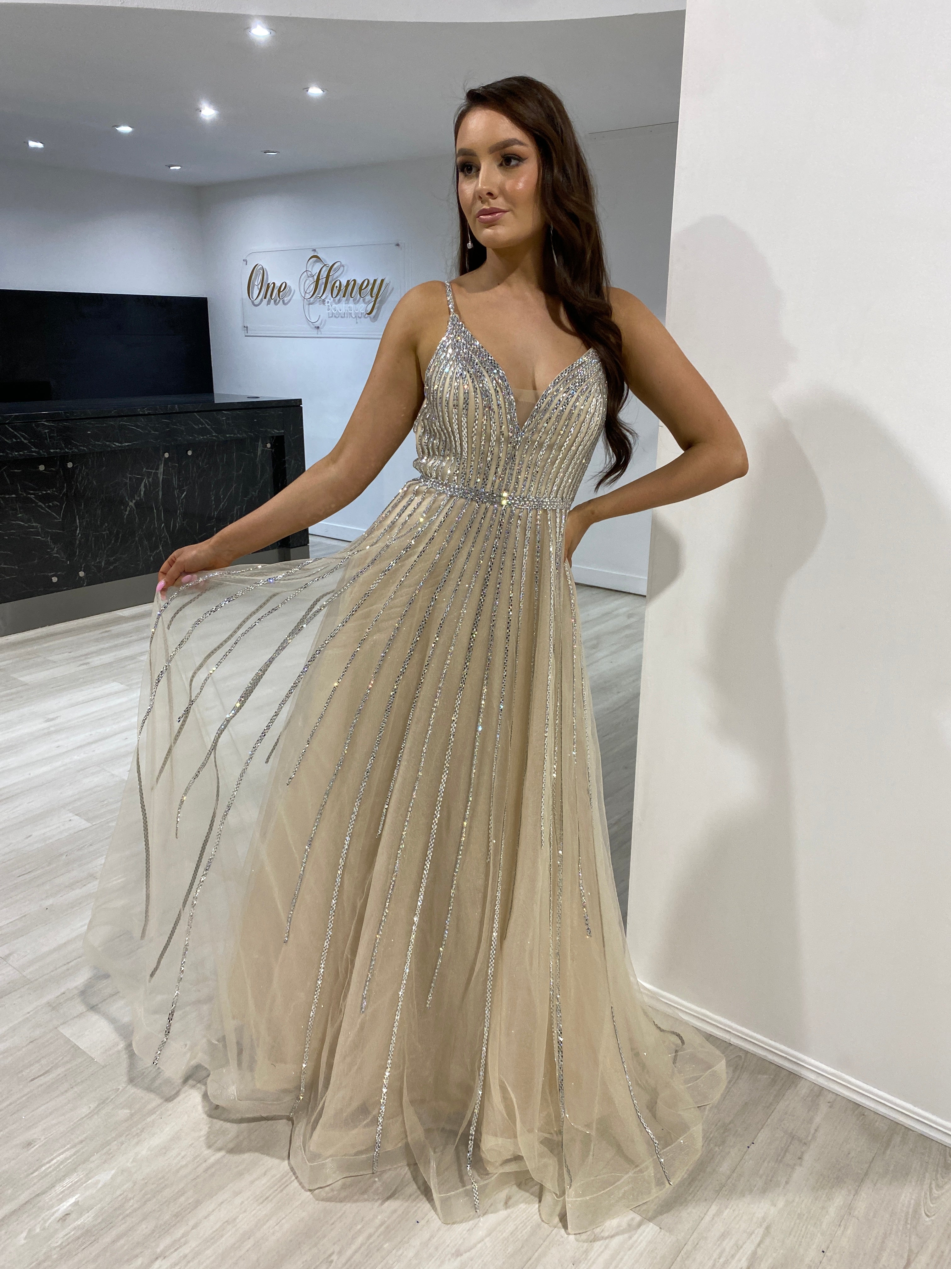 CHARLISE A Line Diamante Sequin Ballgown featuring platinum beading and a plunging back, perfect as a formal dress. Brisbane to Gold Coast.