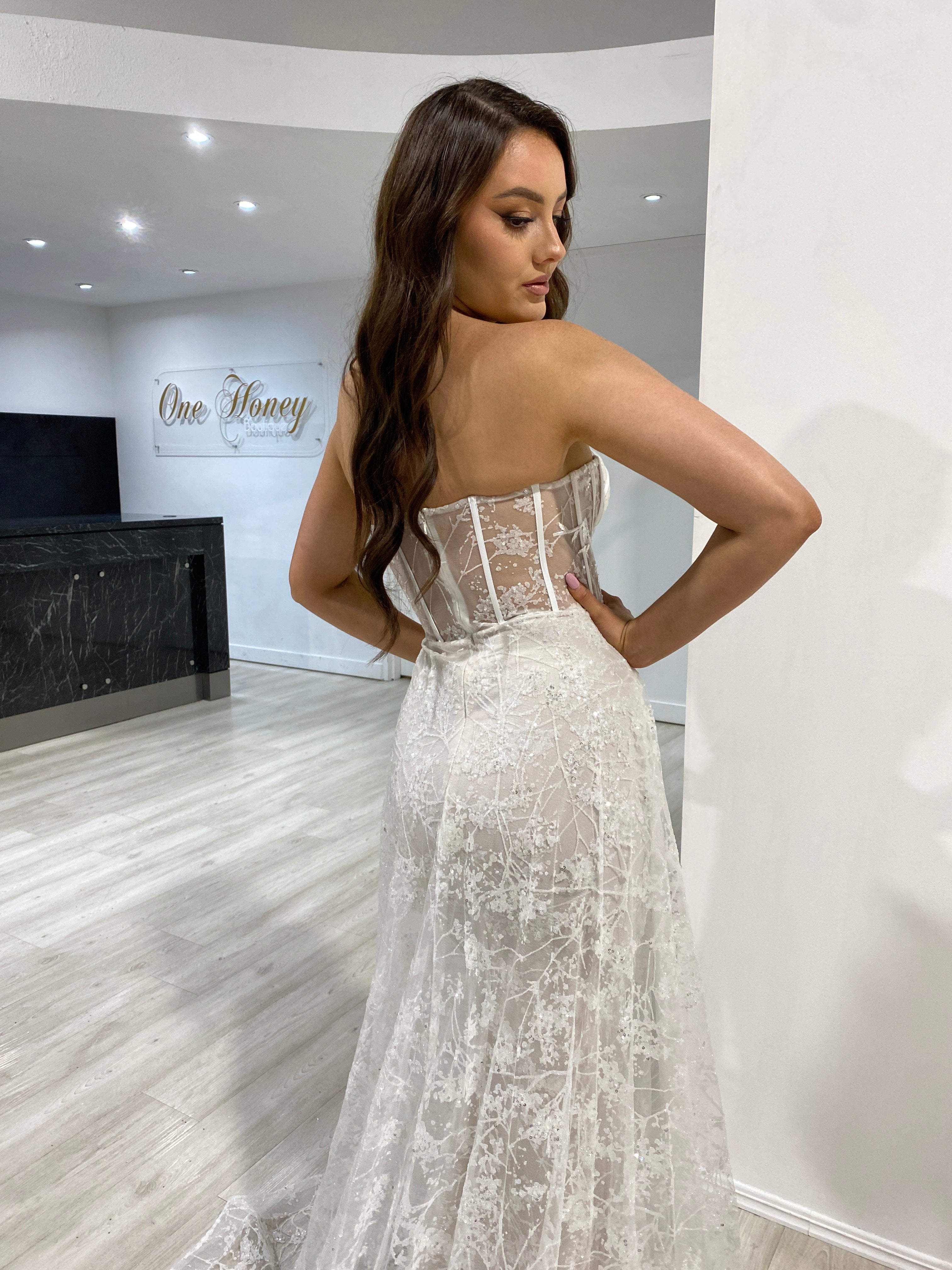 Honey Couture ASTRA off white strapless corset bridal dress, Australian designer, elegant for prom or special occasions.