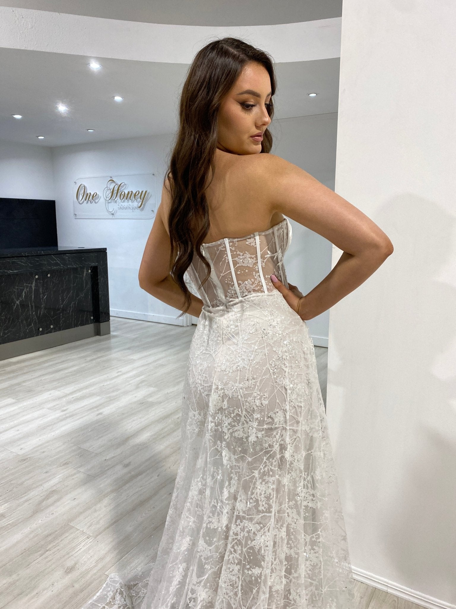 Honey Couture ASTRA Off White Strapless Corset Bridal Overskirt Formal Dress in Australia | One Honey Boutique