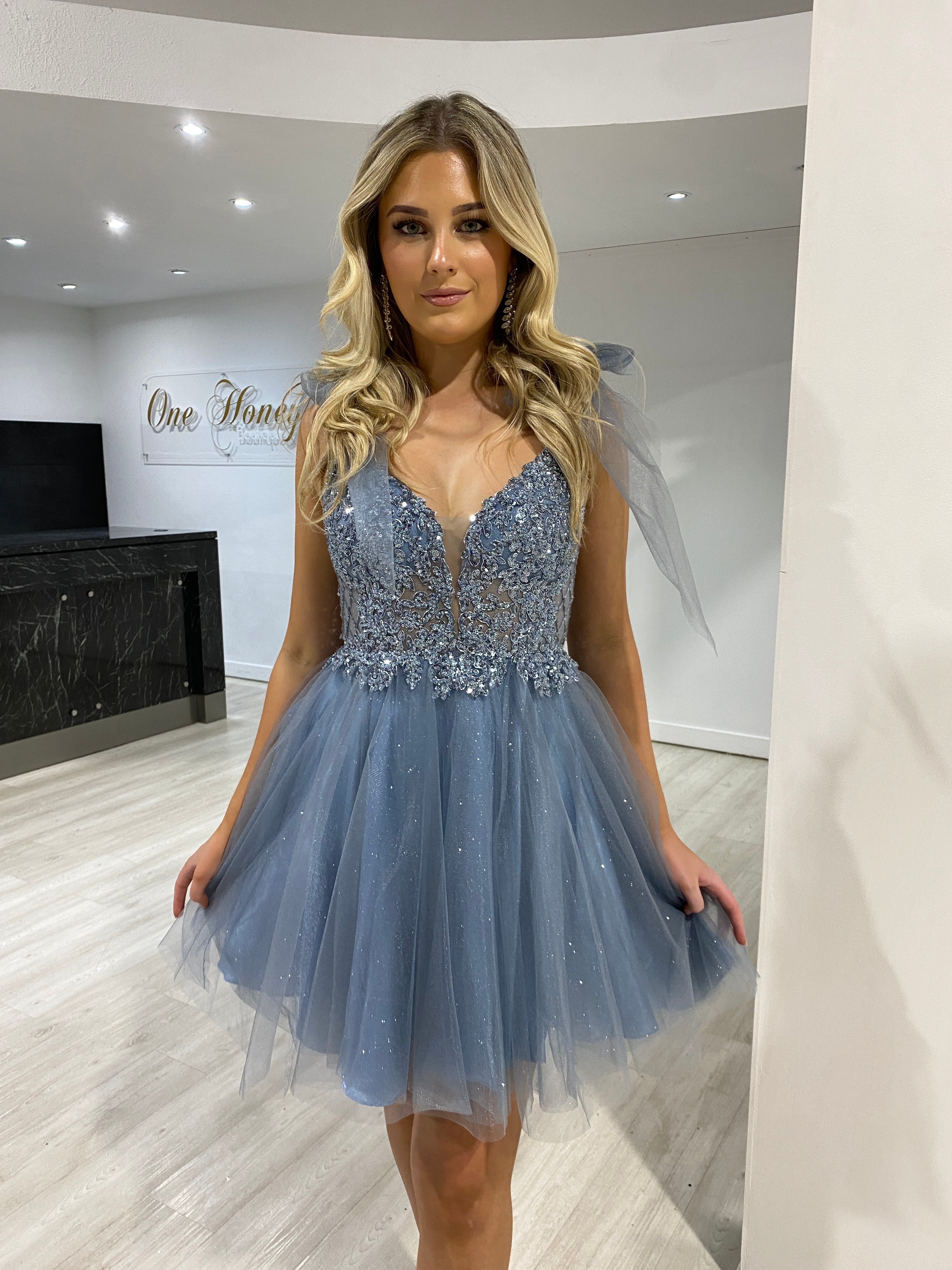 Honey Couture DALPHINE Smokey Blue Sequin Lace Tulle Frilly Party Dress