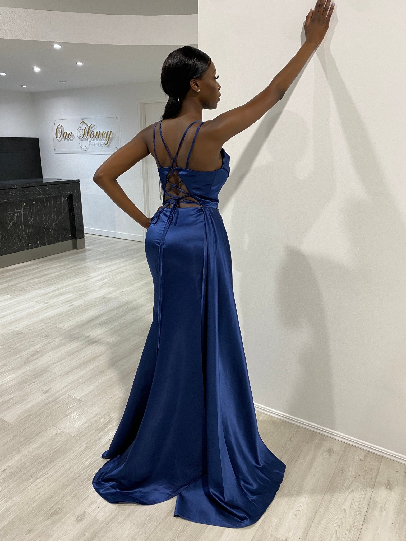 Honey Couture SOPHIE Navy Blue Satin Beaded Bustier Formal Dress in Australia | One Honey Boutique