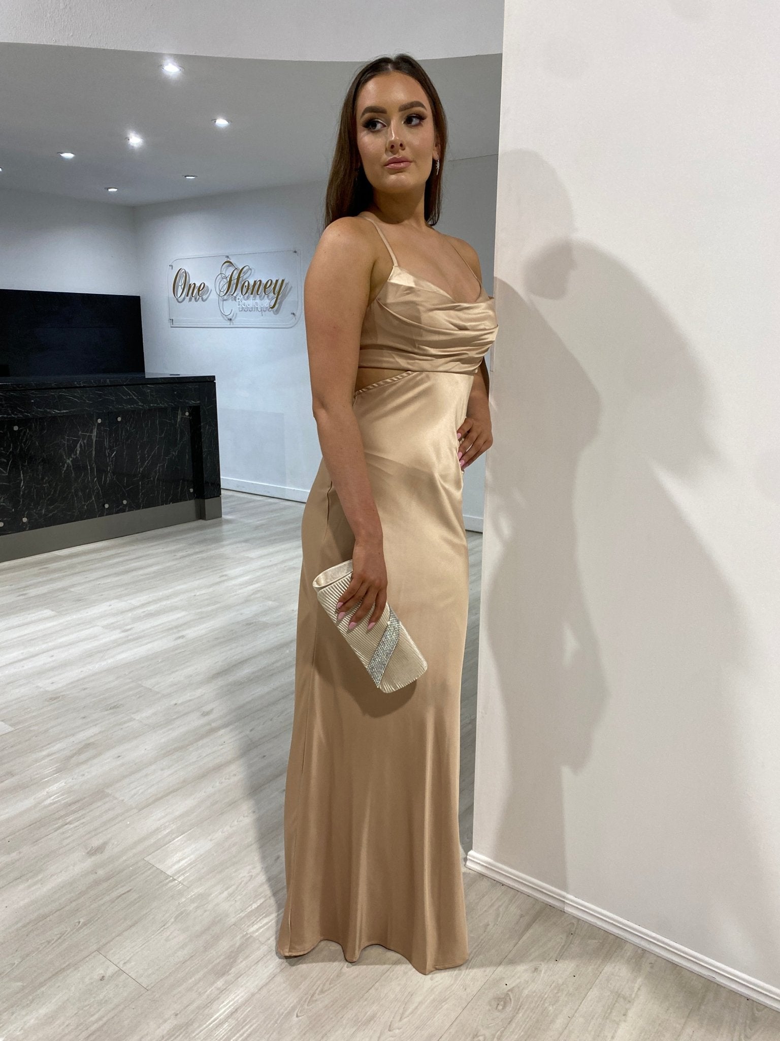Honey Couture ELLIE Gold Silky Cut Out Maxi Dress in Australia | One Honey Boutique