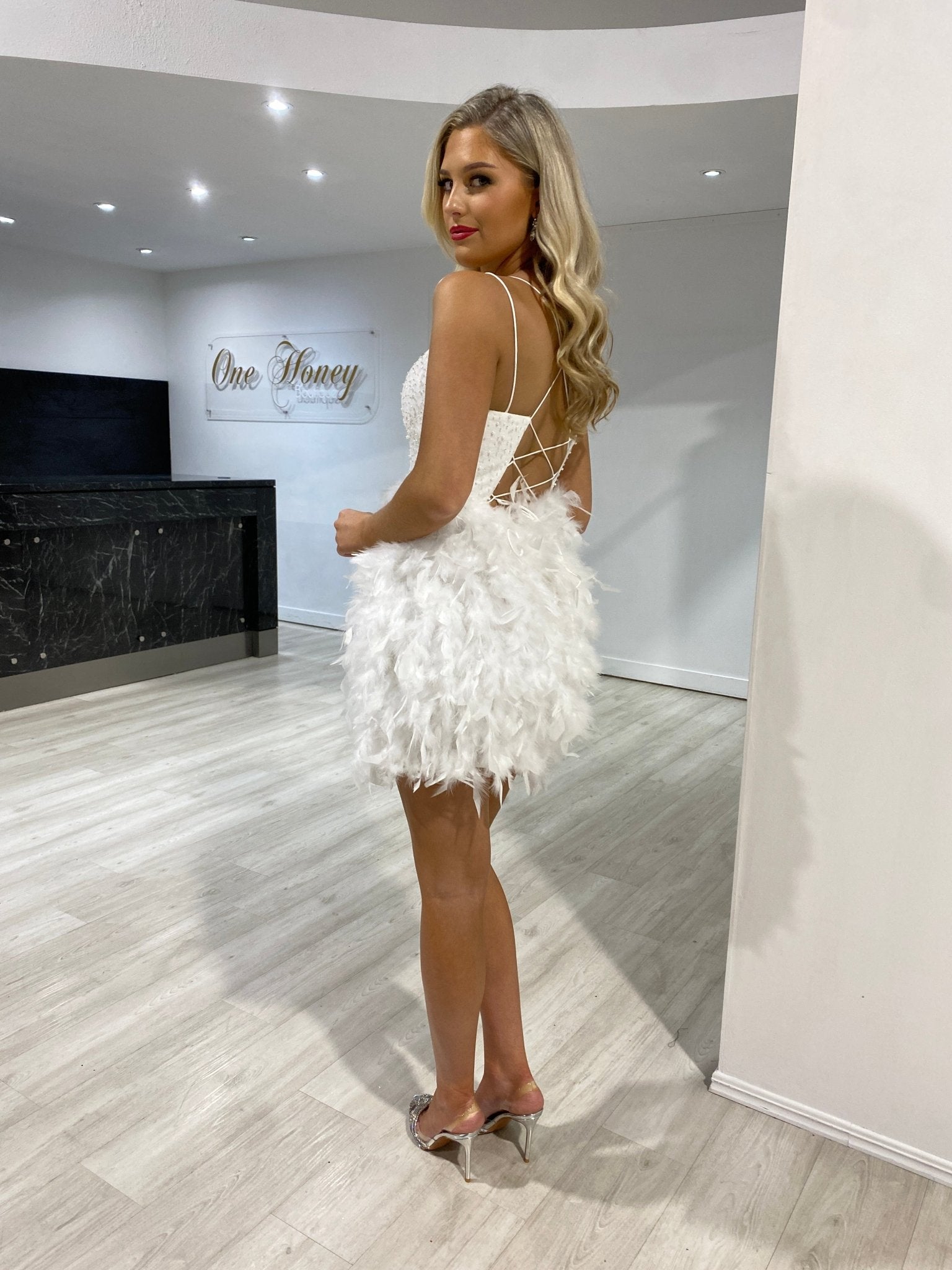 Honey Couture KITTY White Feather Pearl Beaded Bodice Hens Bridal Mini Dress in Australia | One Honey Boutique