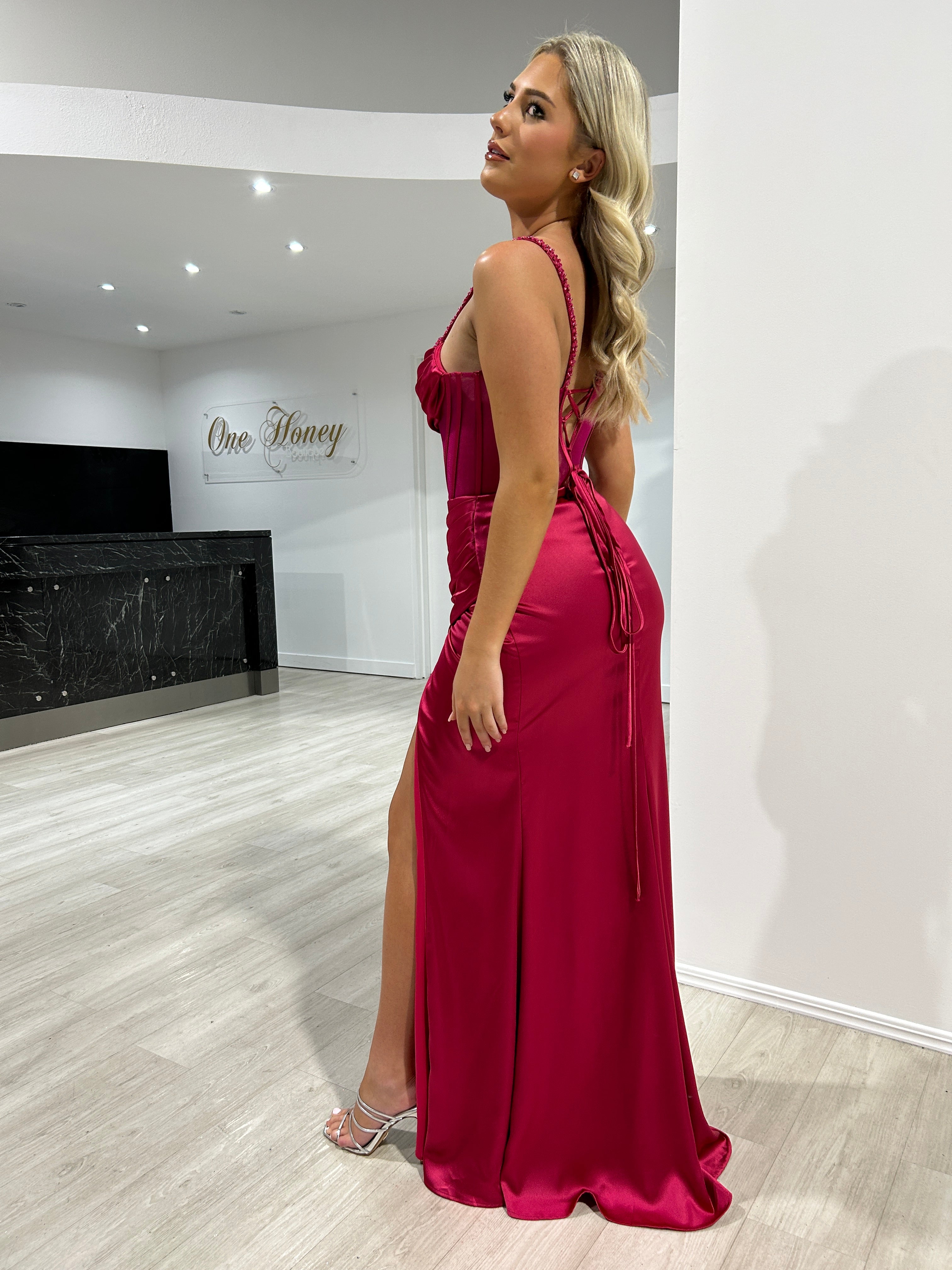 Honey Couture KAT Magenta Pink Satin Beaded Detail Corset Bustier Formal Dress