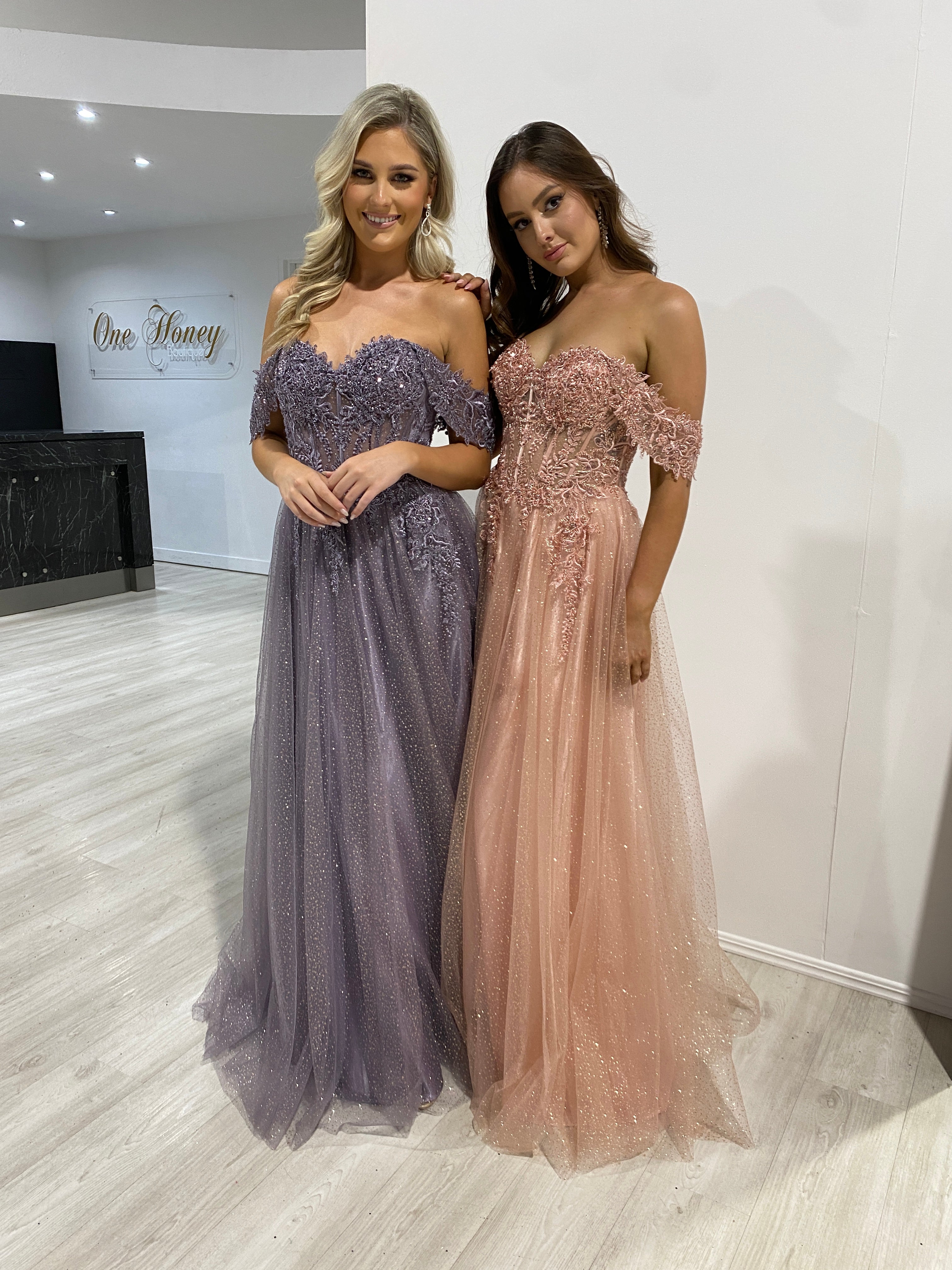 PHOEBE Off the Shoulder Bustier Lace Applique dresses with glitter tulle skirts, perfect evening gowns. Brisbane to Gold Coast, Australia.