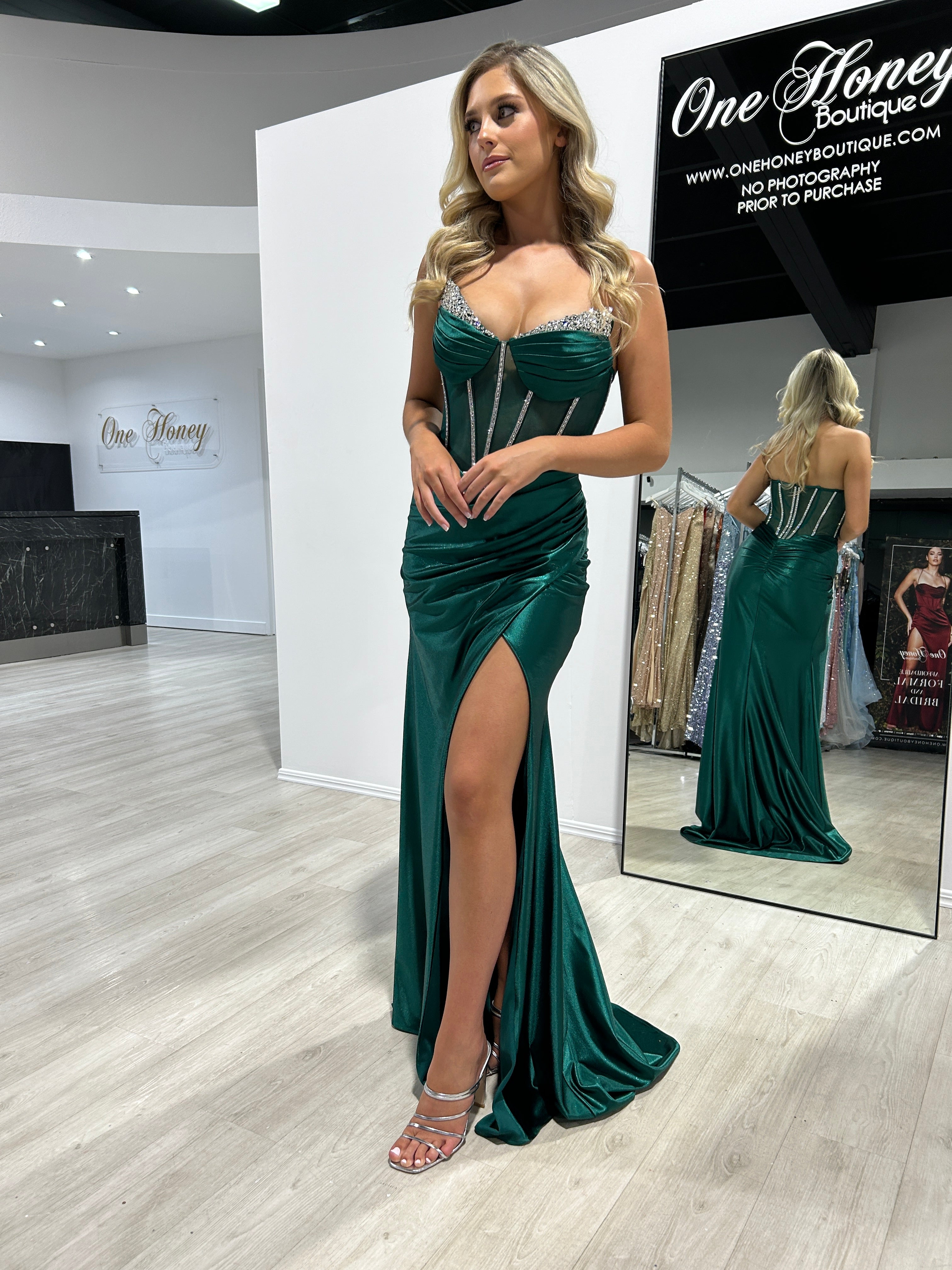 Honey Couture MADAM Deep Emerald Strapless Satin Beaded Detail Corset Bustier Formal Dress