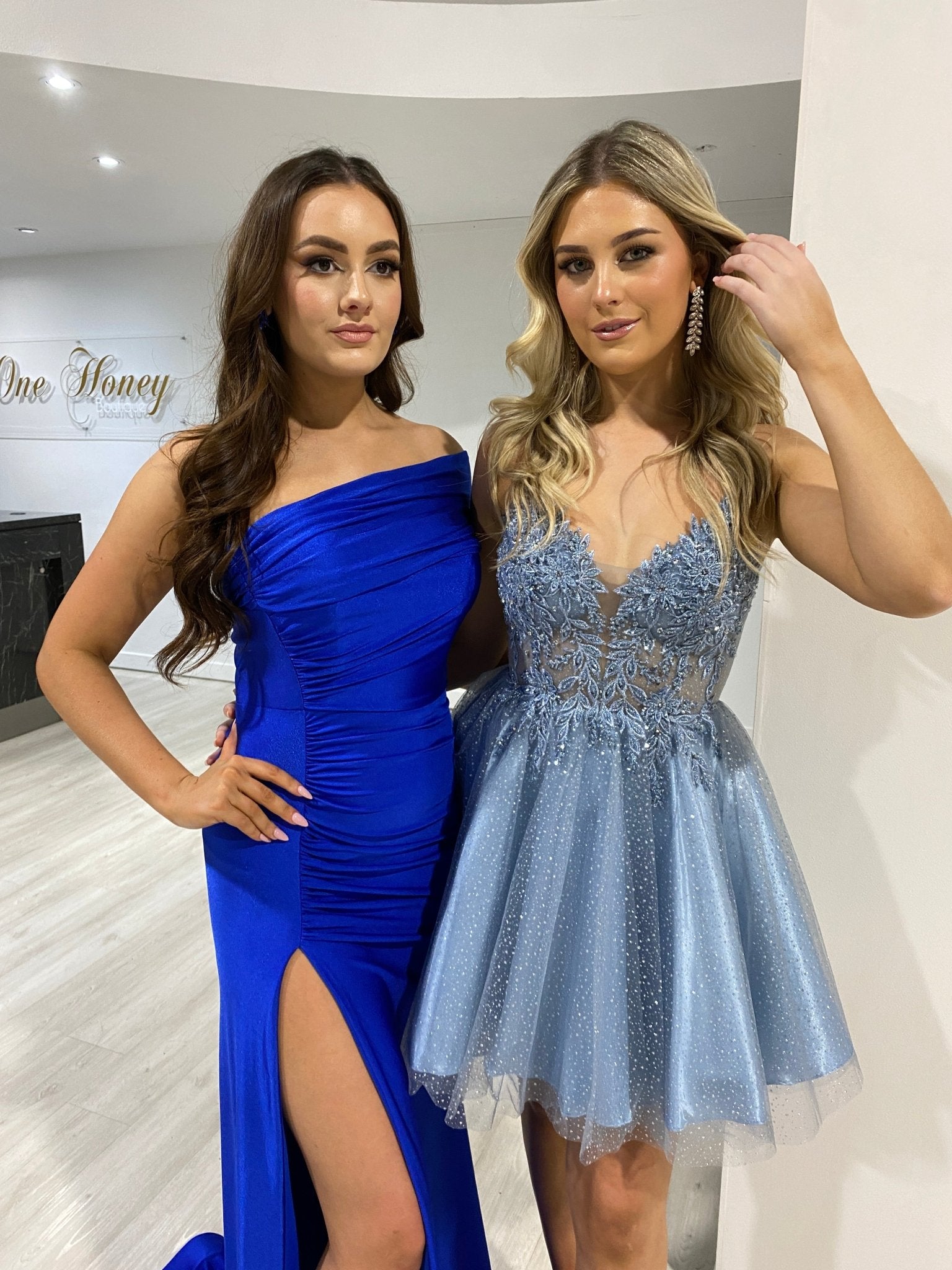 Honey Couture ERIN Smokey Blue Sequin V Front Tulle Frilly Party Dress in Australia | One Honey Boutique
