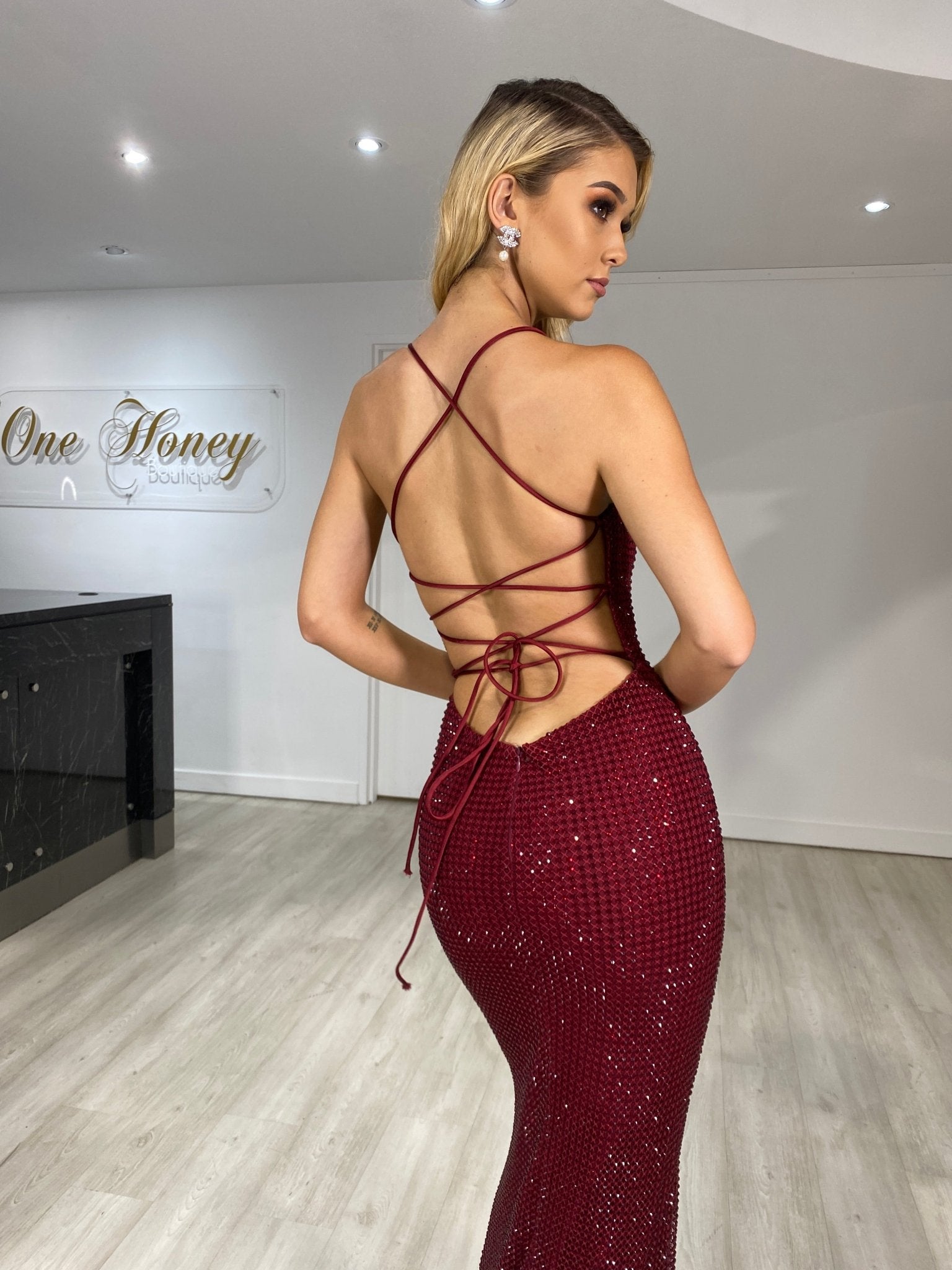 Honey Couture PORTIA Burgundy Beaded Diamante Lace Up Formal Dress in Australia | One Honey Boutique