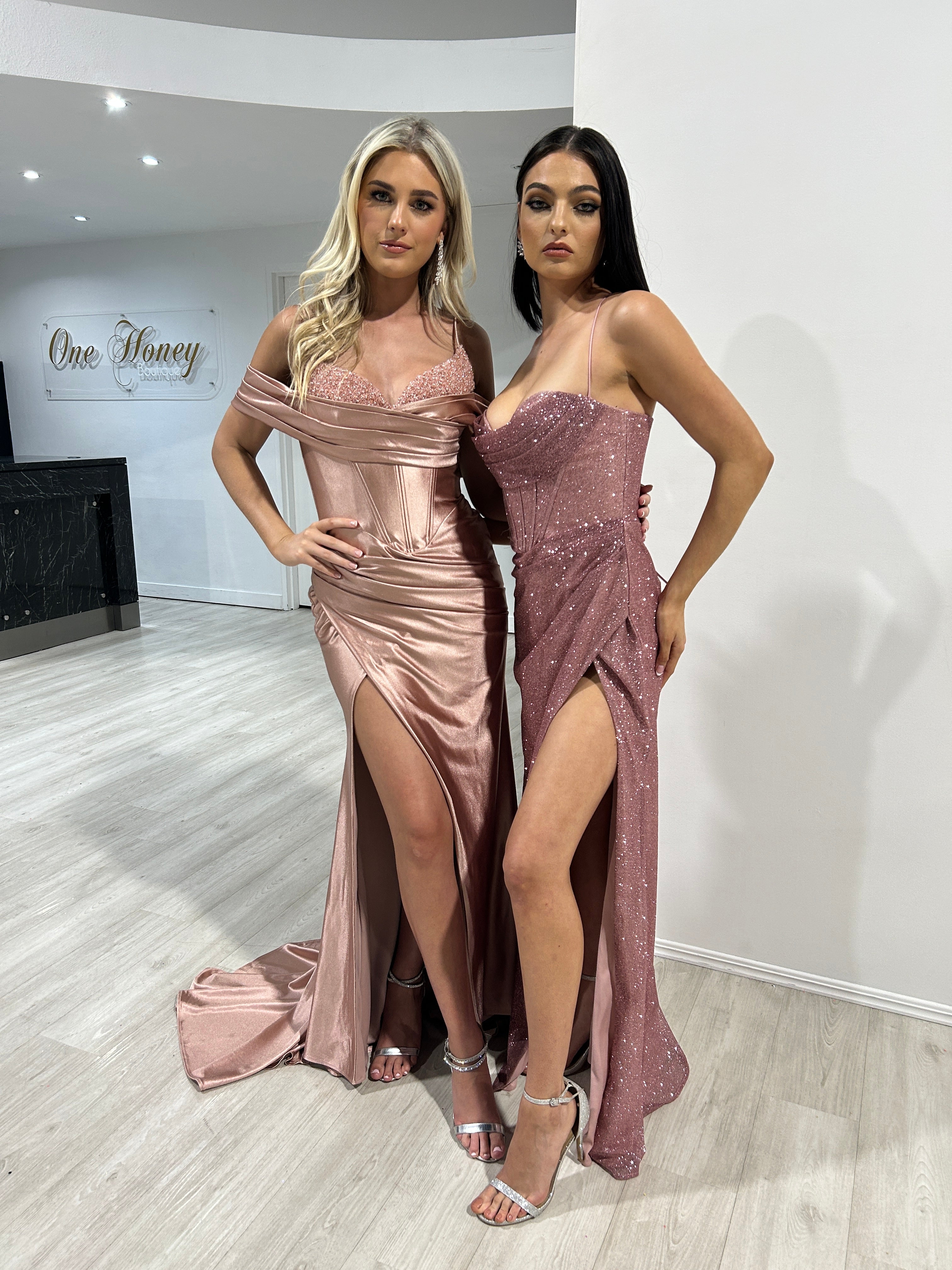 SOLANA Embellished Corset Satin Mermaid Formal Dress, showcasing off-shoulder design and side slit, perfect for evening events. Brisbane to Gold Coast.