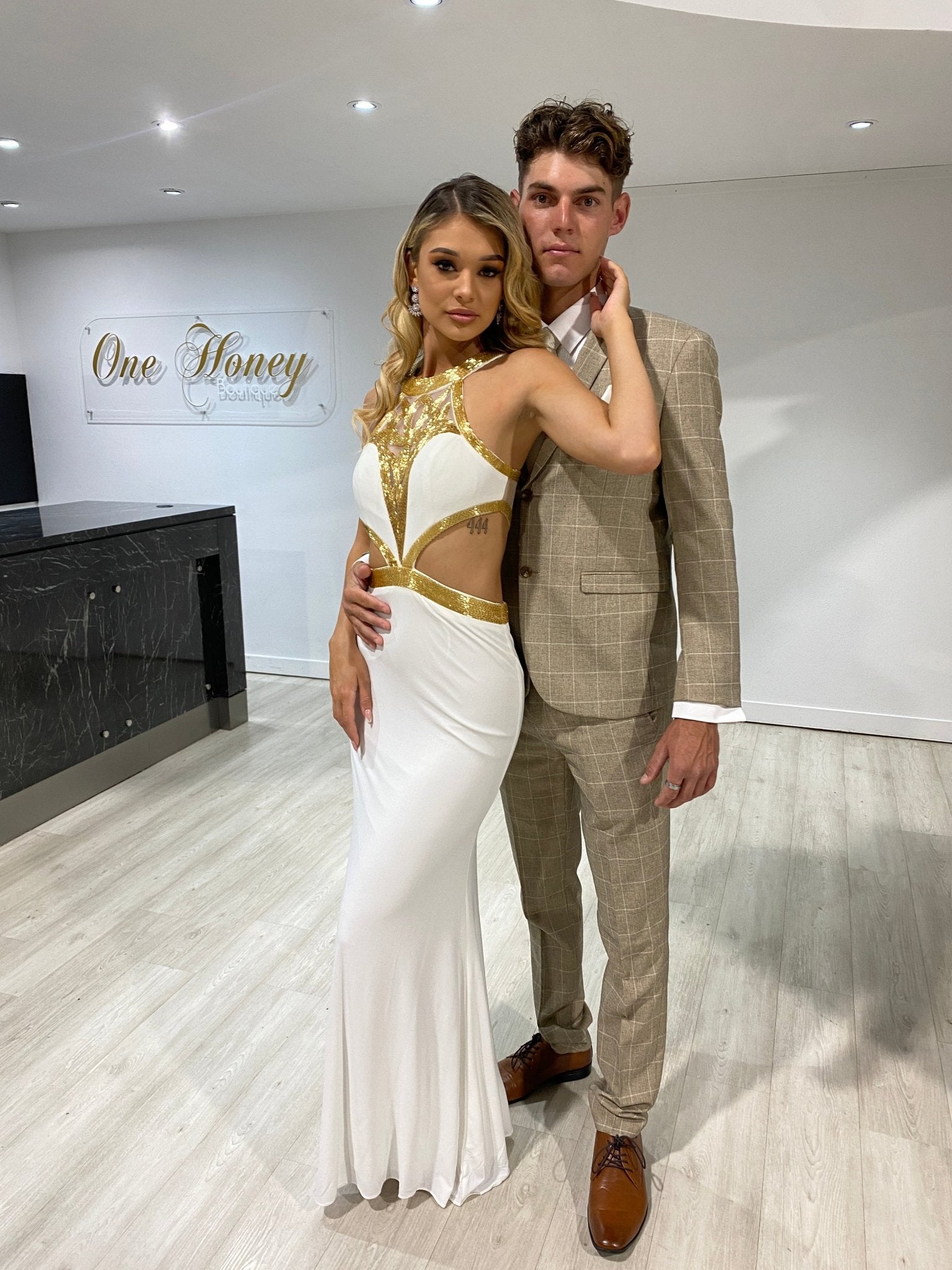 Honey Couture CLEO White & Gold Beaded Formal Gown Honey Couture CLEO White & Gold Beaded Formal Gown