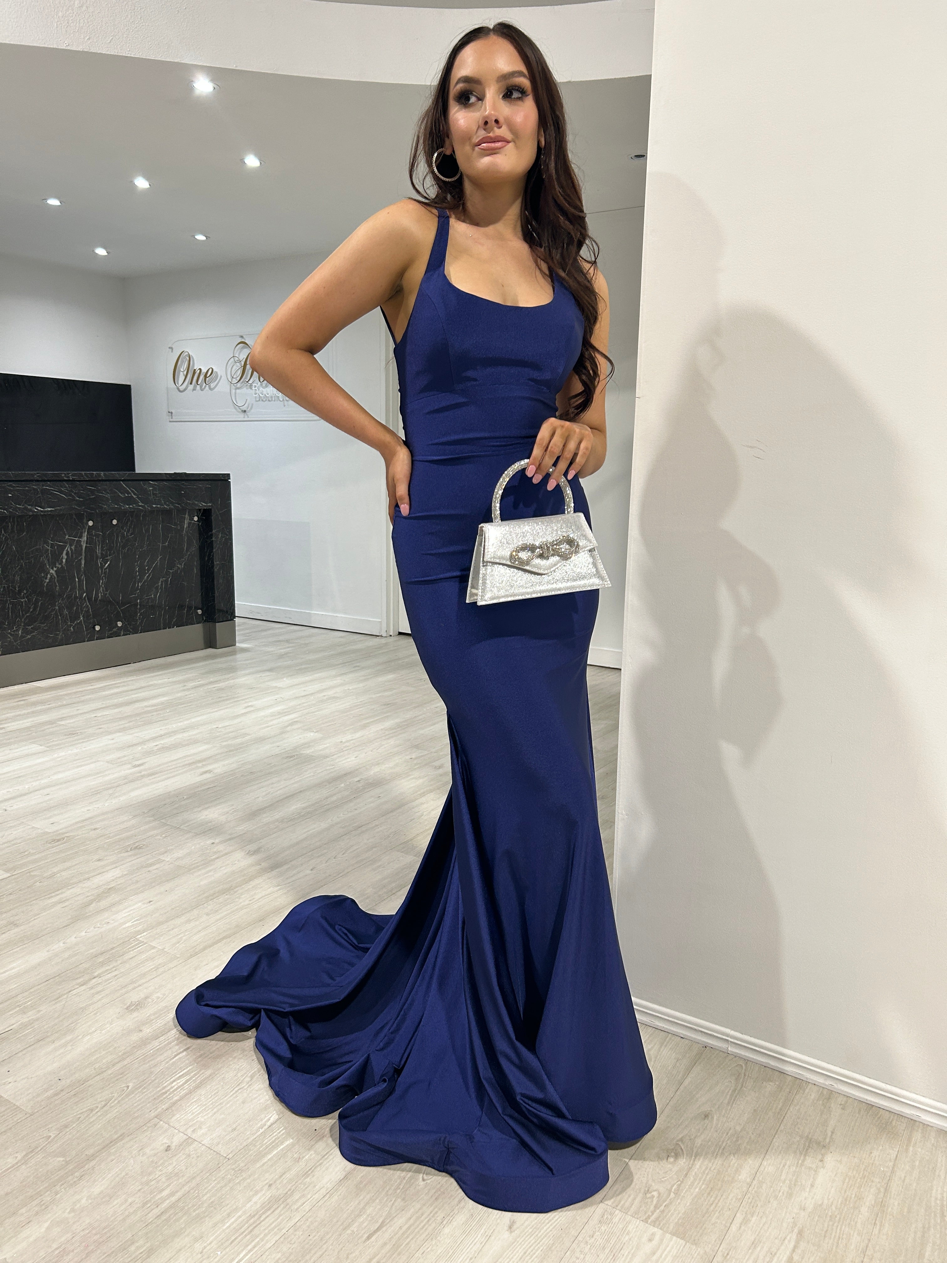 JAYLA Lace Up Back Mermaid Formal Gown with scoop neckline and lace-up back detail, perfect evening gown from Brisbane to Gold Coast.