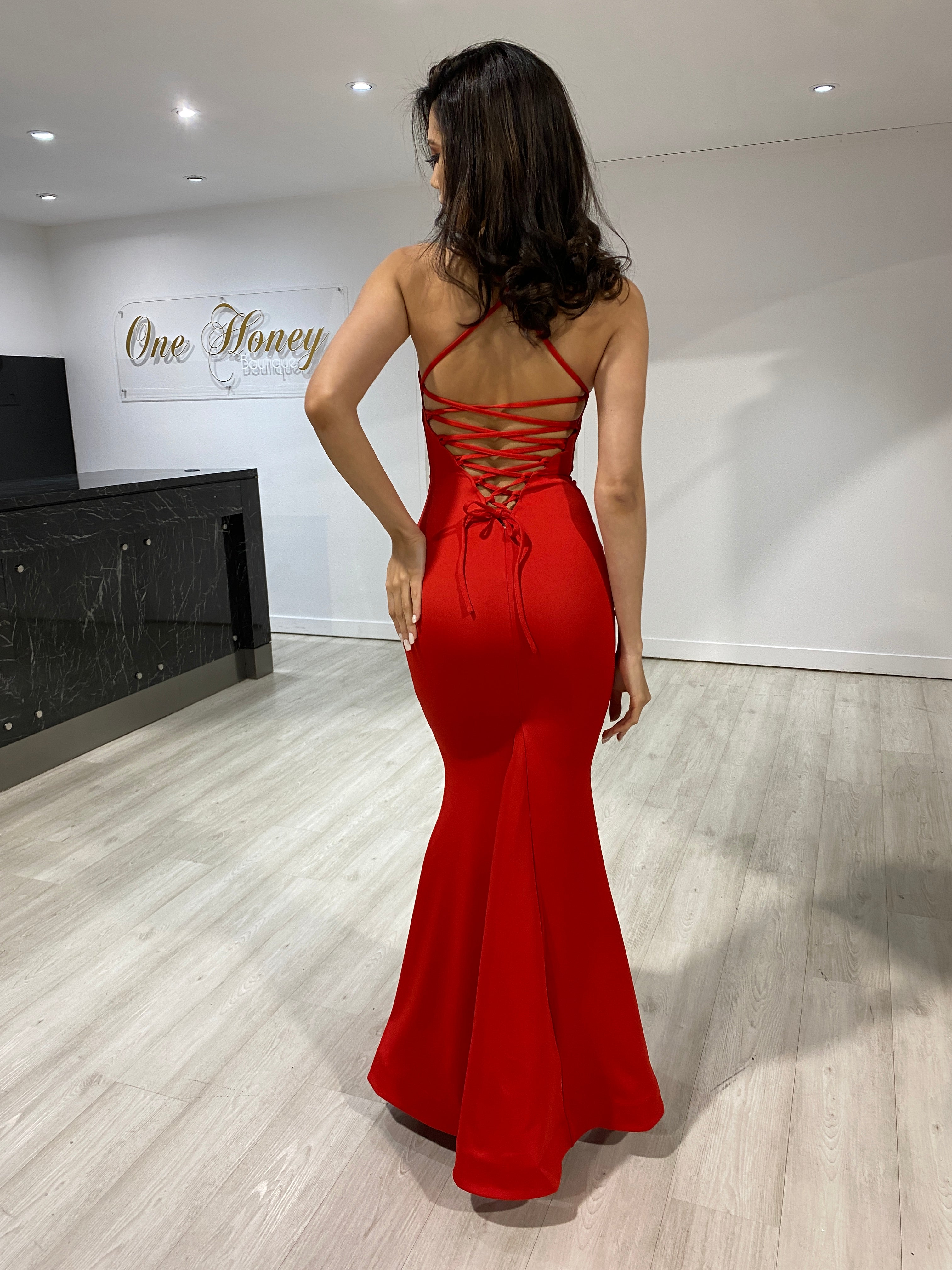 Honey Couture DESERIEE Red Open Lace Up Back Mermaid Formal Dress