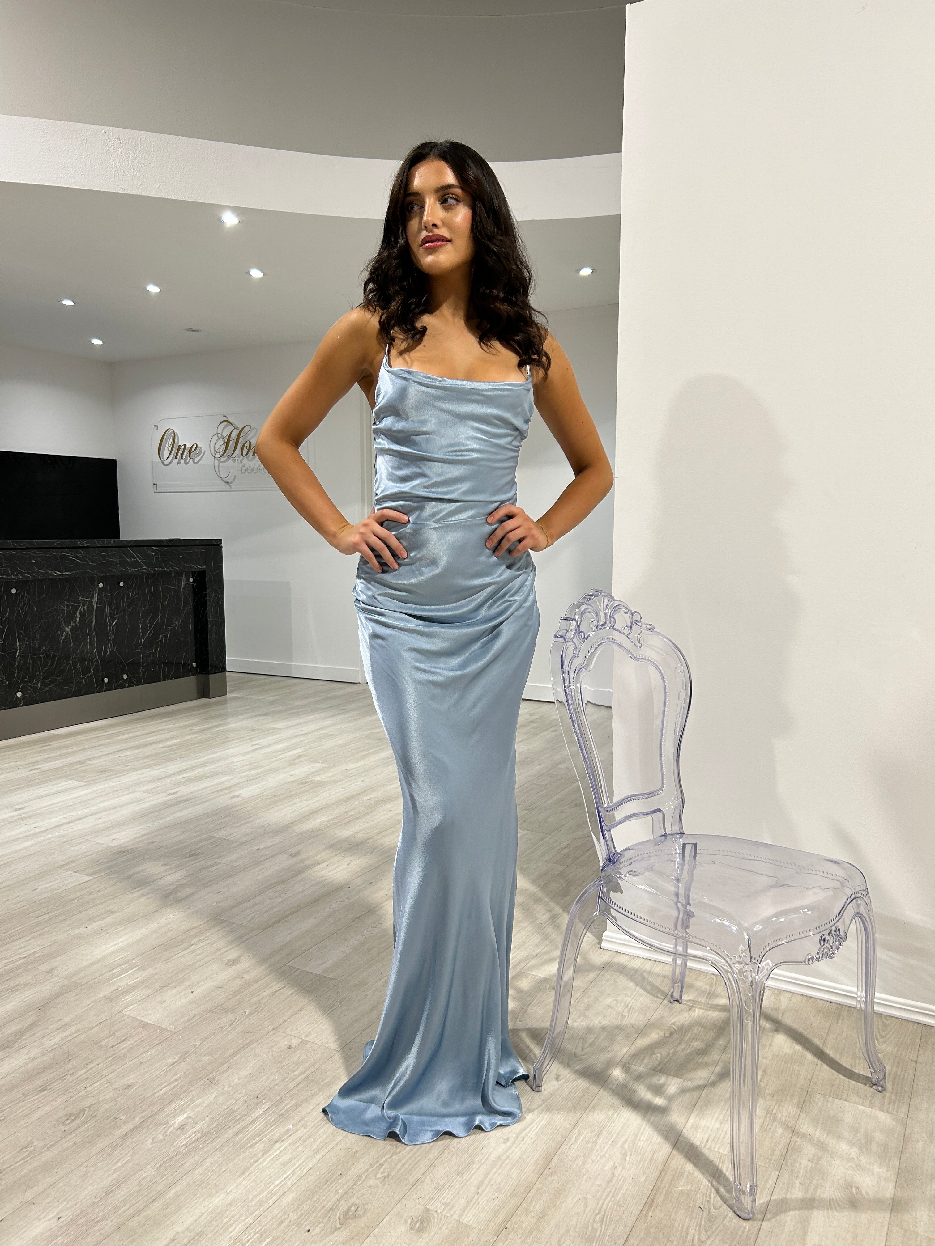 TIARN Satin Low Back Midi Semi Formal Dress with cowl neckline and lace-up back. Perfect evening gown, Brisbane to Gold Coast.