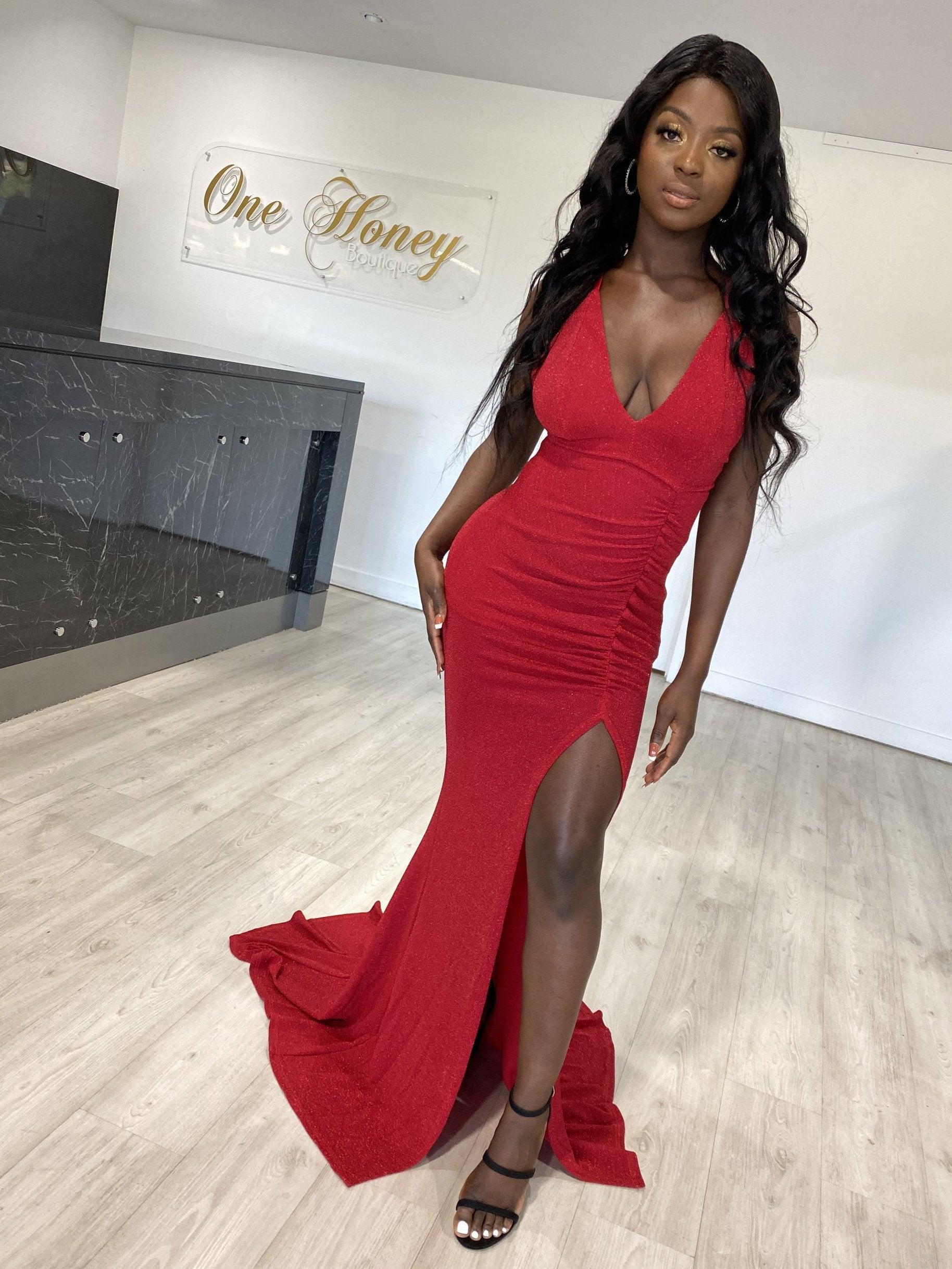 Model wearing Honey Couture LUREX Red Sparkle Mermaid Evening Gown with leg split, perfect for proms or special occasions. Australian Designer.