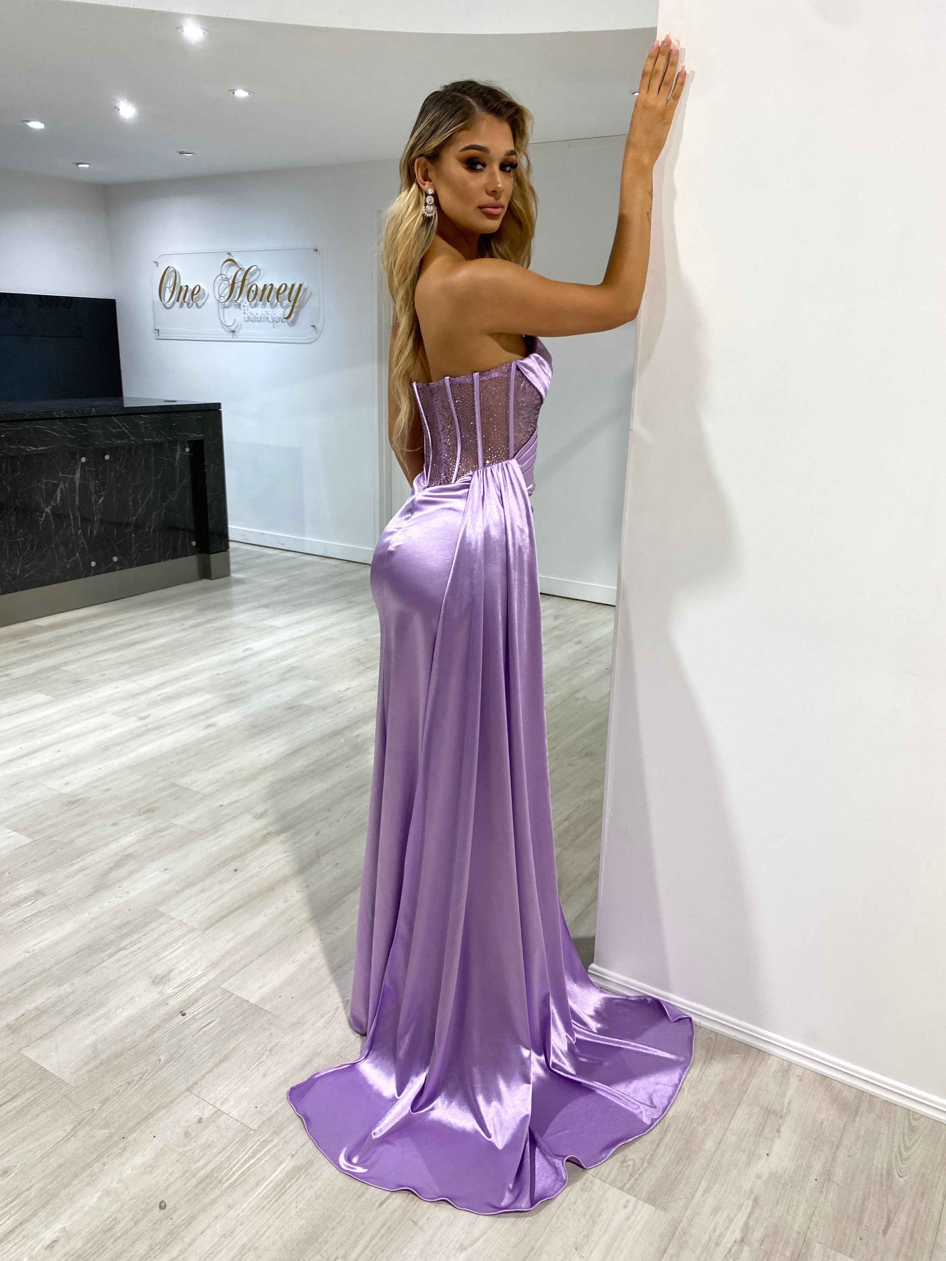 Honey Couture GIGI Lilac Purple Corset Sparkle Bustier Strapless Mermaid Formal Gown Dress