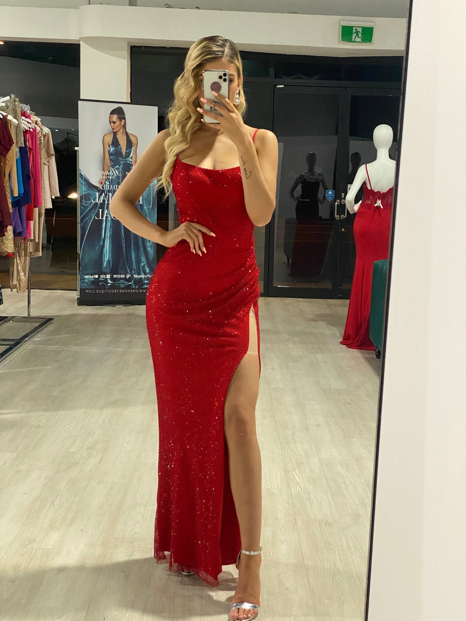 Honey Couture VICTORIA Red Sequin Beaded Low Back Formal Dress in Australia | One Honey Boutique