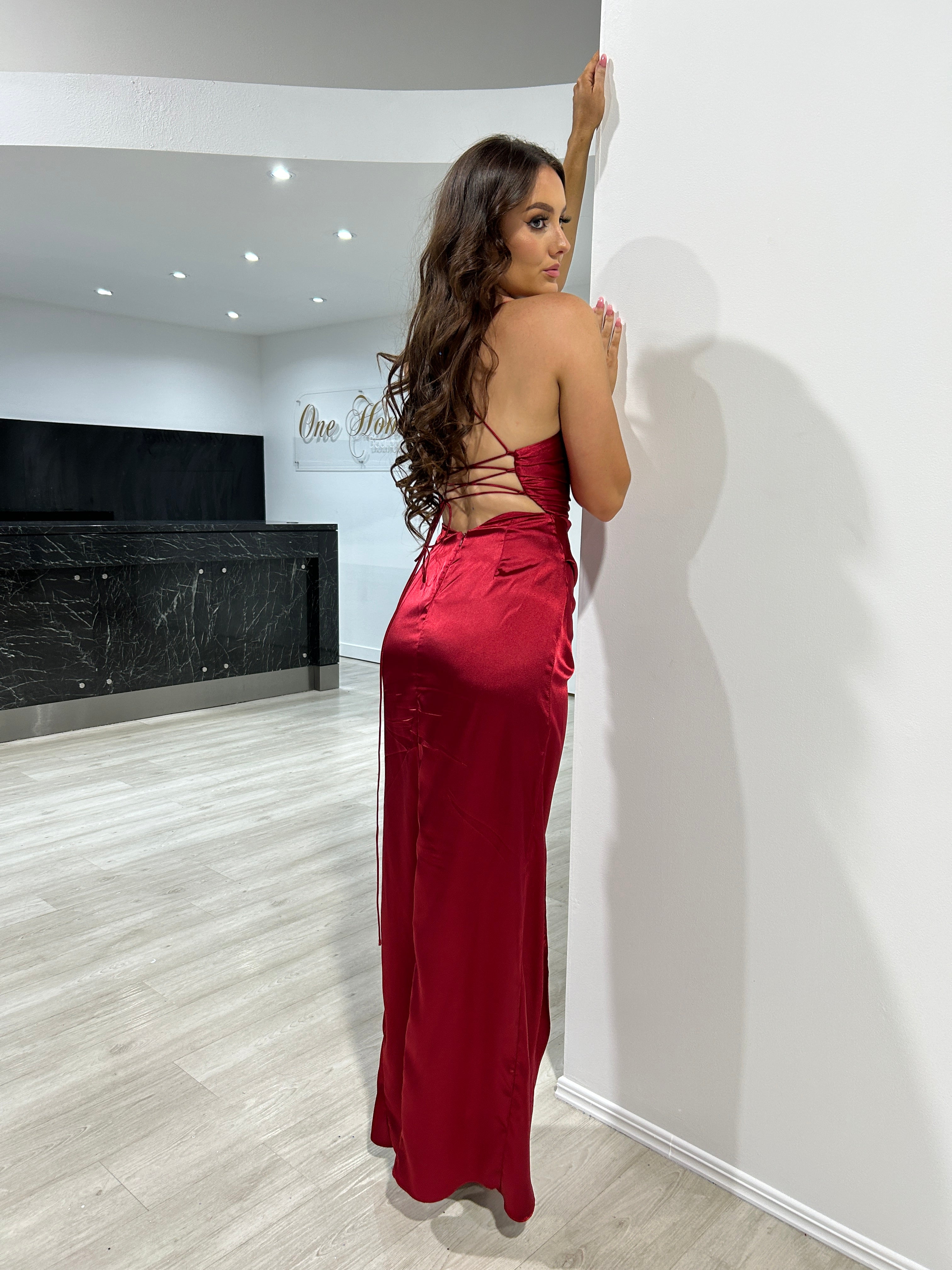 KENNA Satin Cowl Neck Semi Formal Dress with criss-cross open back and knot satin fabric, perfect for evening events, Brisbane to Gold Coast.