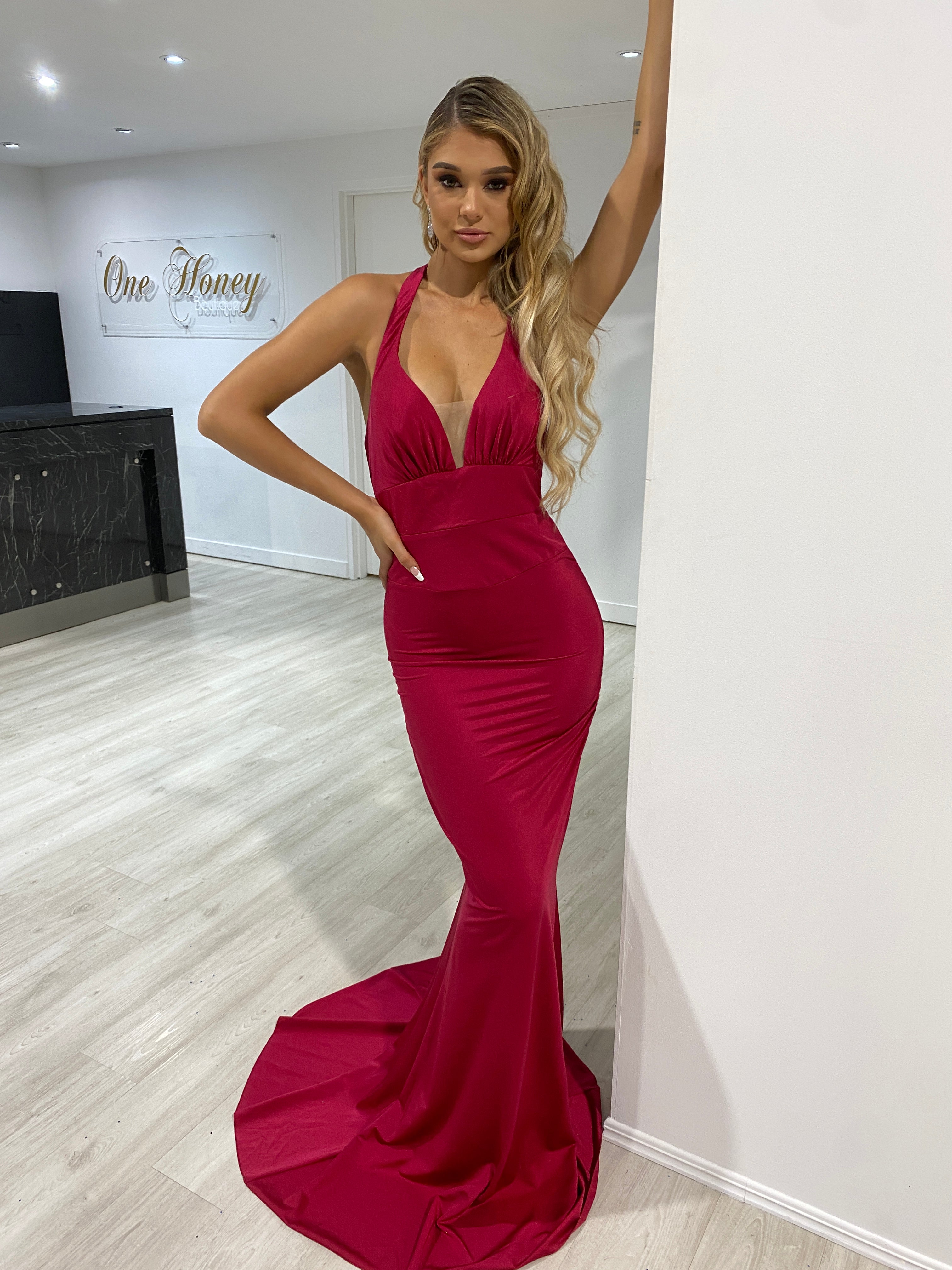 STACY halter tie formal dress with deep neckline and bum ruching, mermaid evening gown. From Brisbane to Gold Coast, Australia.