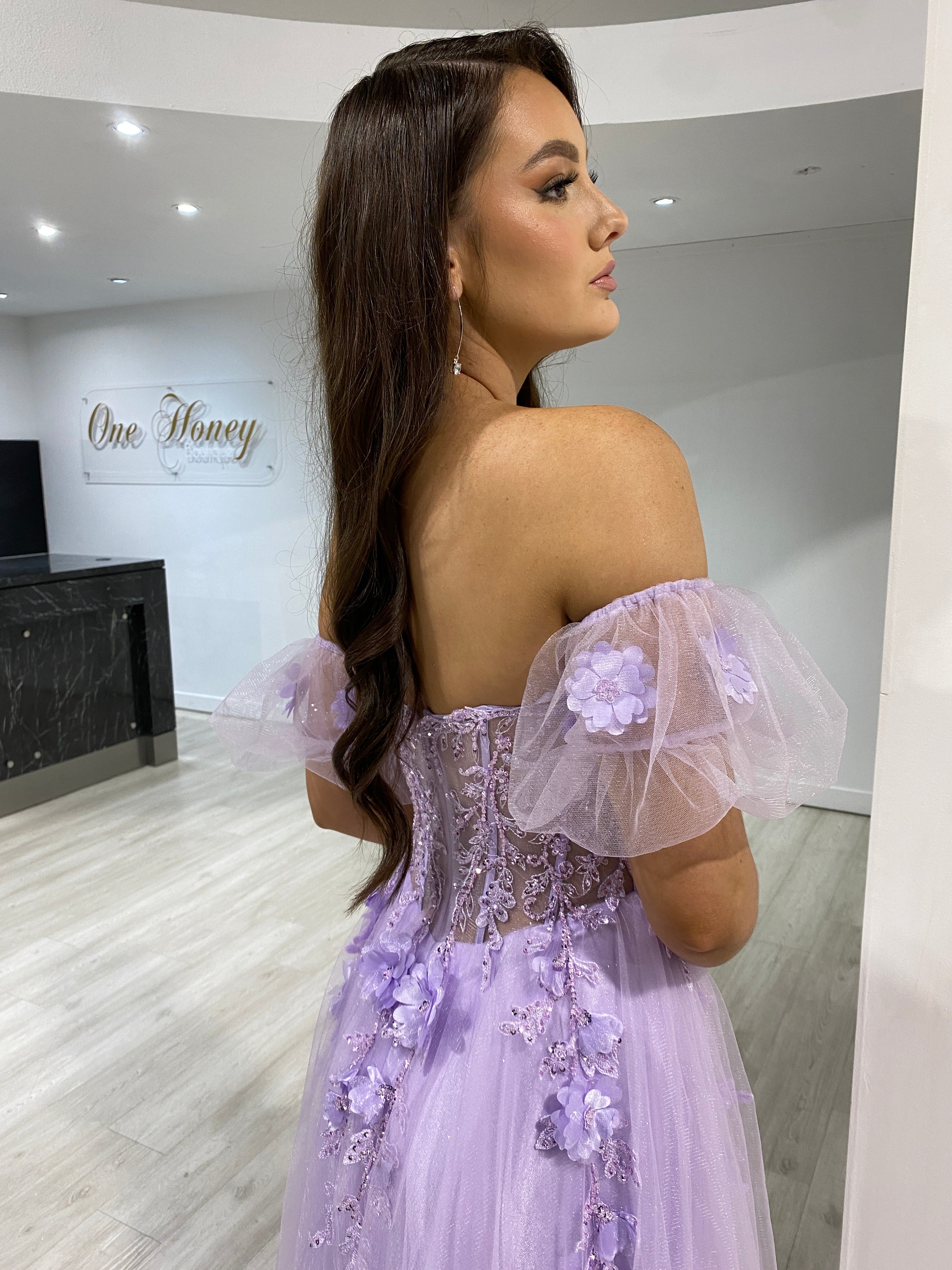 BLOOM Bustier Lace Applique Formal Dress with floral tulle sleeves, elegant strapless bodice, evening gown, Brisbane to Gold Coast