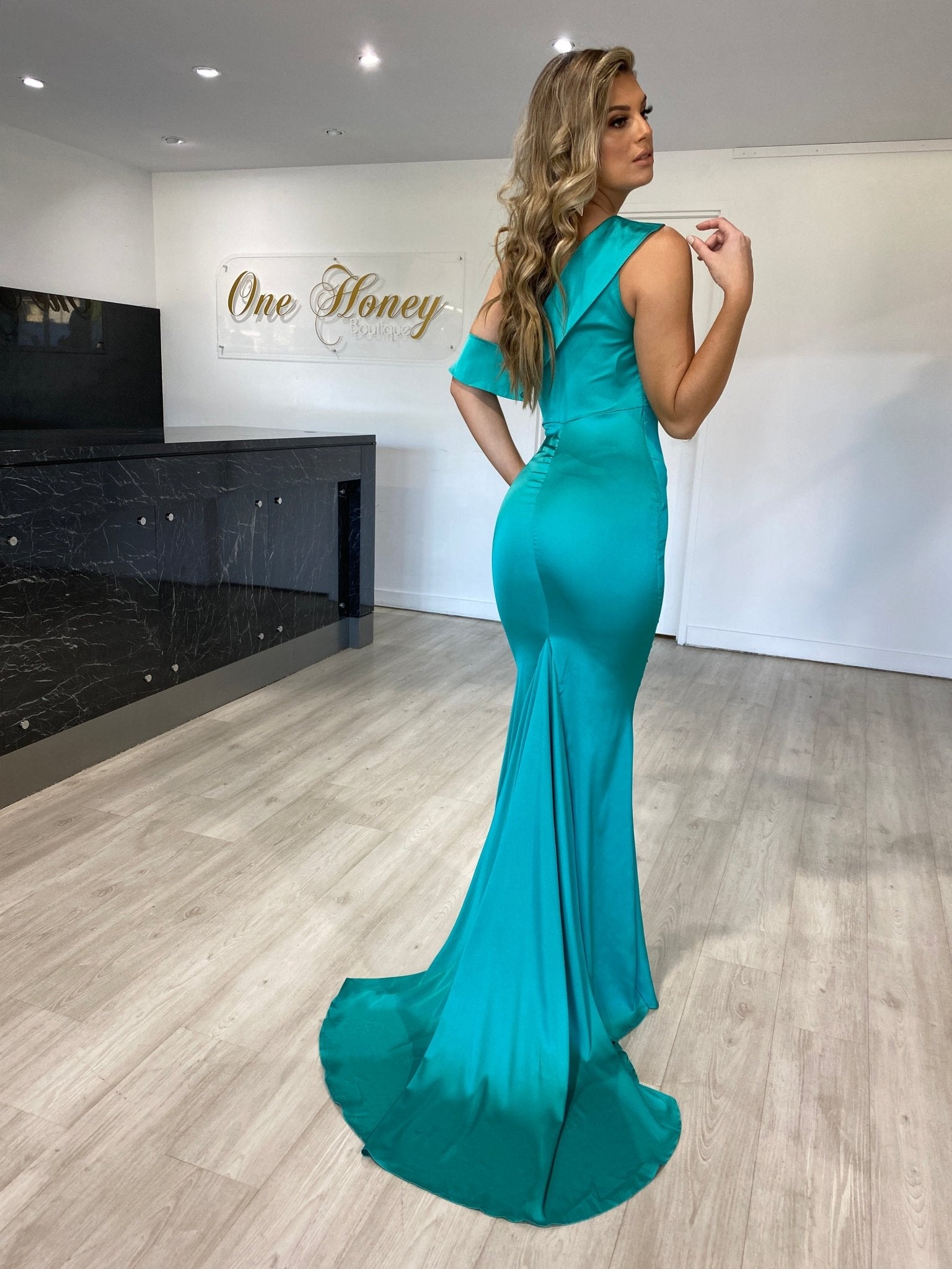 Honey Couture MEL Teal Green One Shoulder Frilly Satin Mermaid Gown in Australia | One Honey Boutique