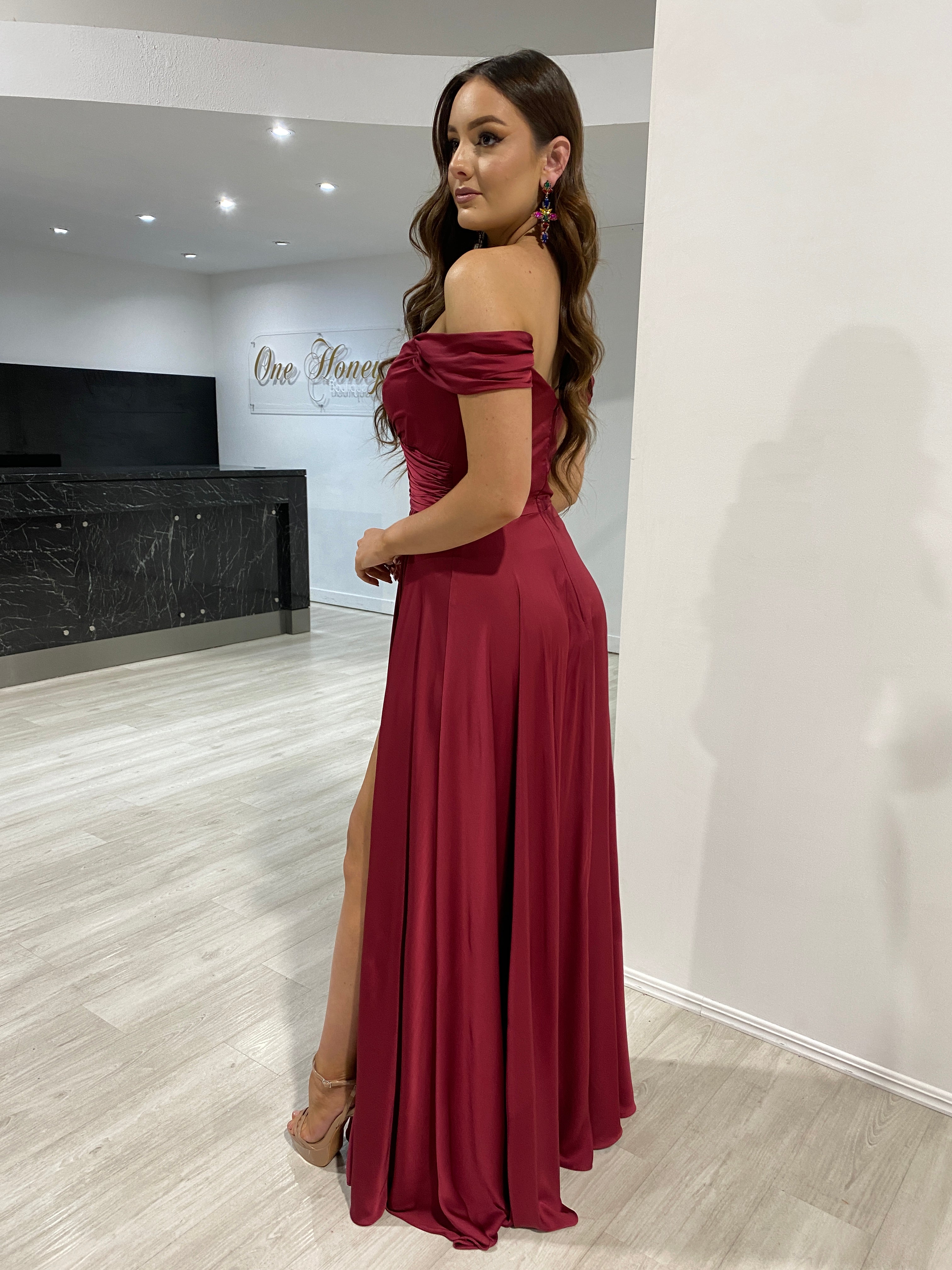 AURA Off the Shoulder Silky A-Line Dress with Side Slit, Bridesmaid Formal Dress, Brisbane to Gold Coast Australia.