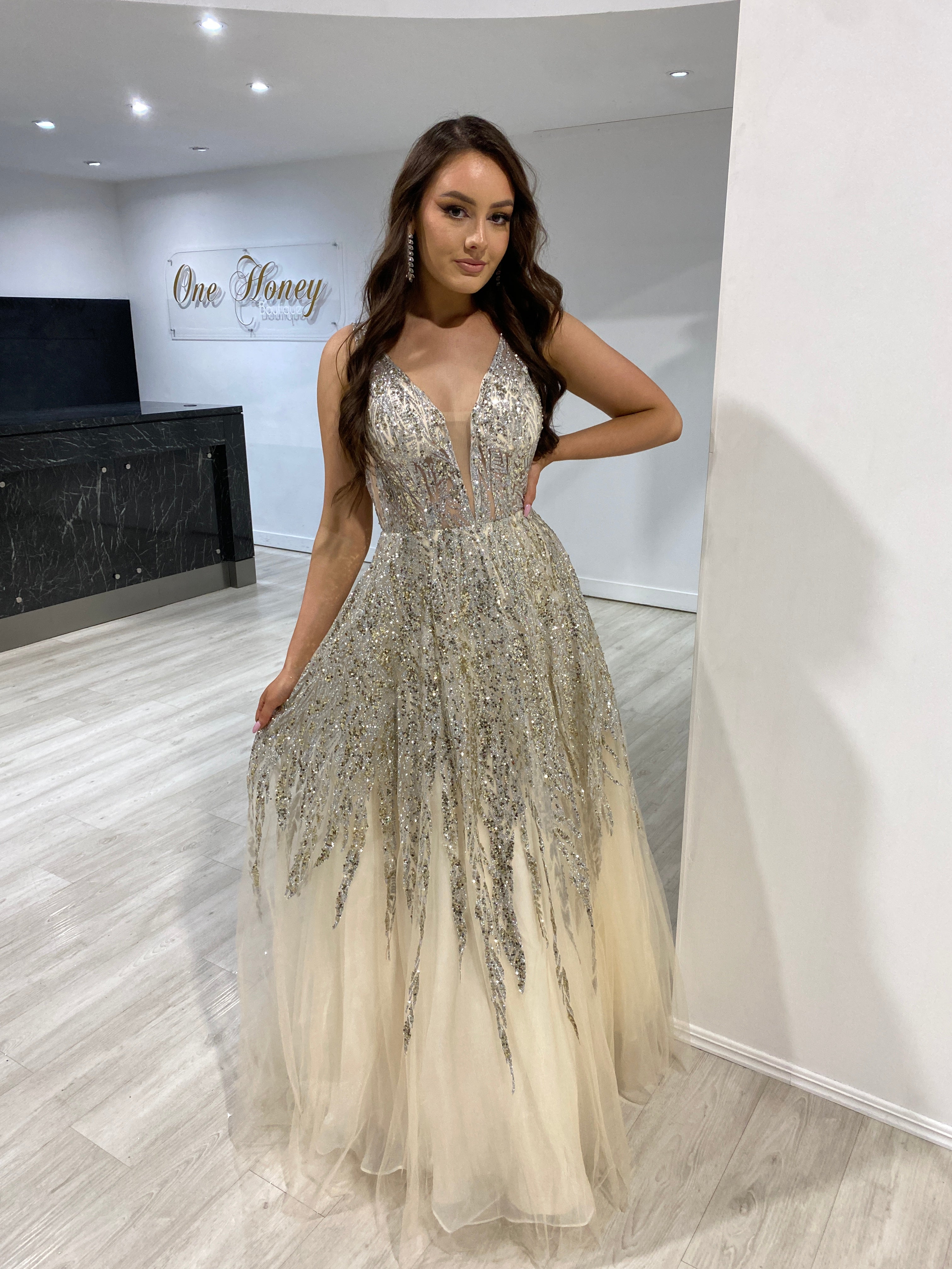 VIANNE Glitter Tulle A-Line Dress with shimmering bodice and layered skirt, perfect for formal events, Brisbane to Gold Coast.