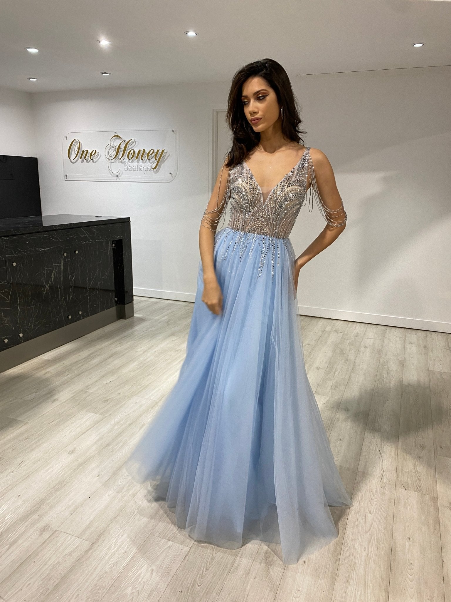 Honey Couture DEBBIE Blue Beaded Tulle Skirt Formal Dress in Australia | One Honey Boutique