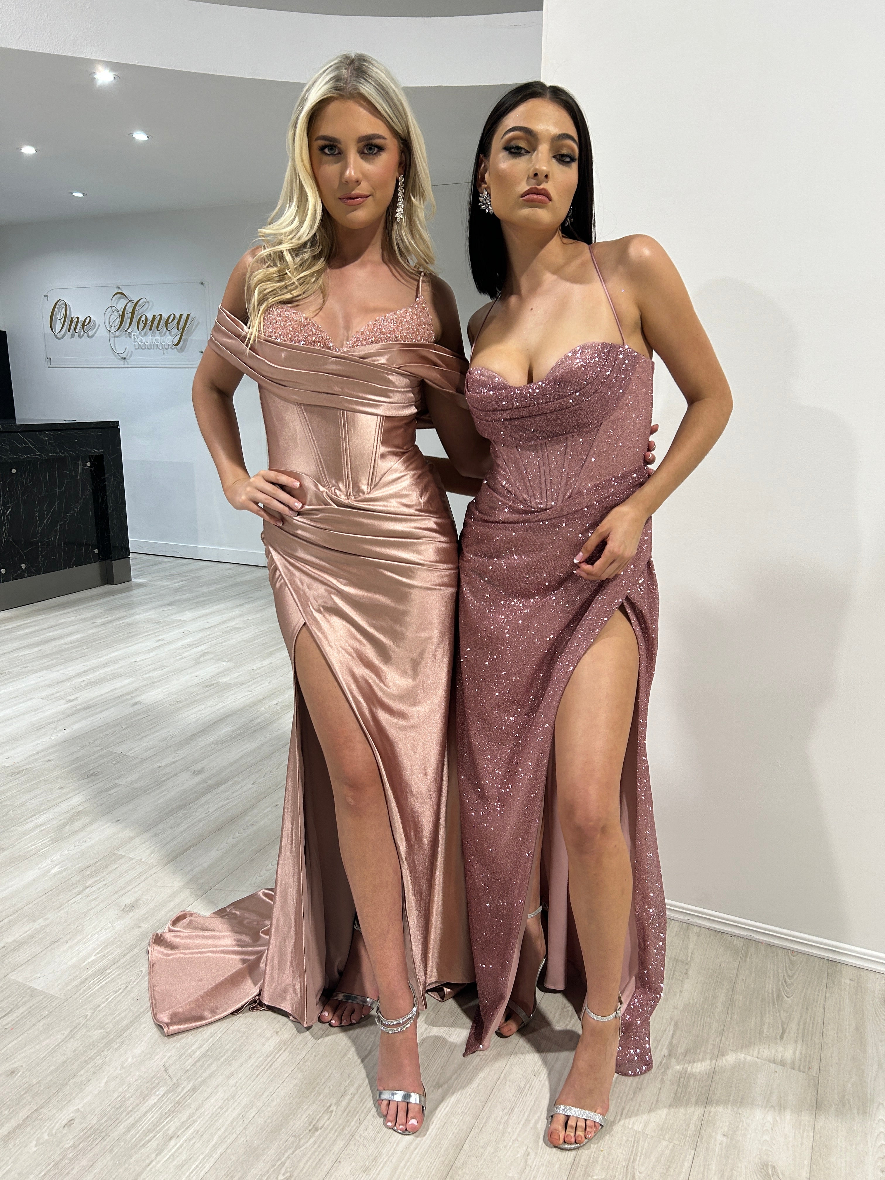 SOLANA Embellished Corset Satin Mermaid Formal Dress featuring beaded bust edging and thigh-high slit evening gown, Brisbane to Gold Coast.