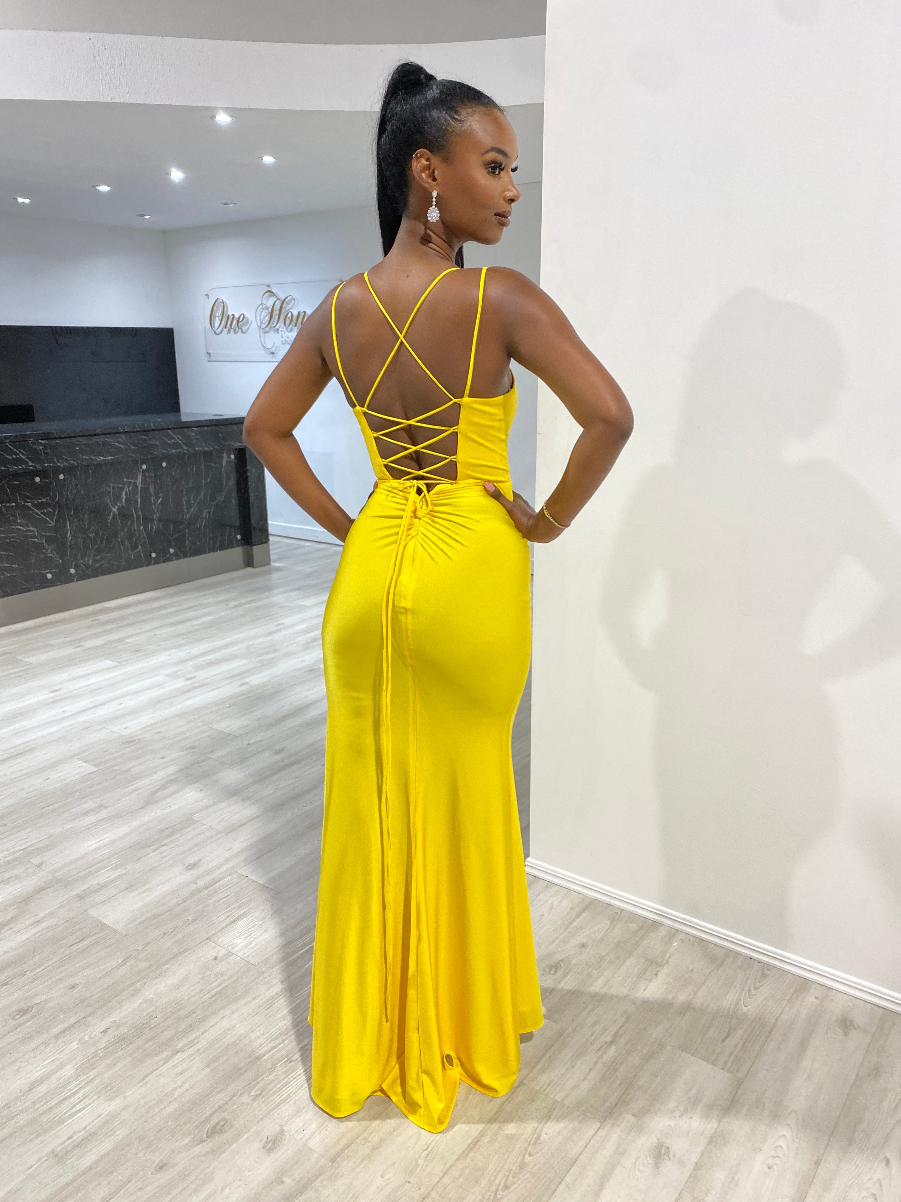 Neon Yellow Honey Couture SOLANGE Corset Ruched Gown, Back View, Australian Designer Evening Dress, Affordable Prom Wear