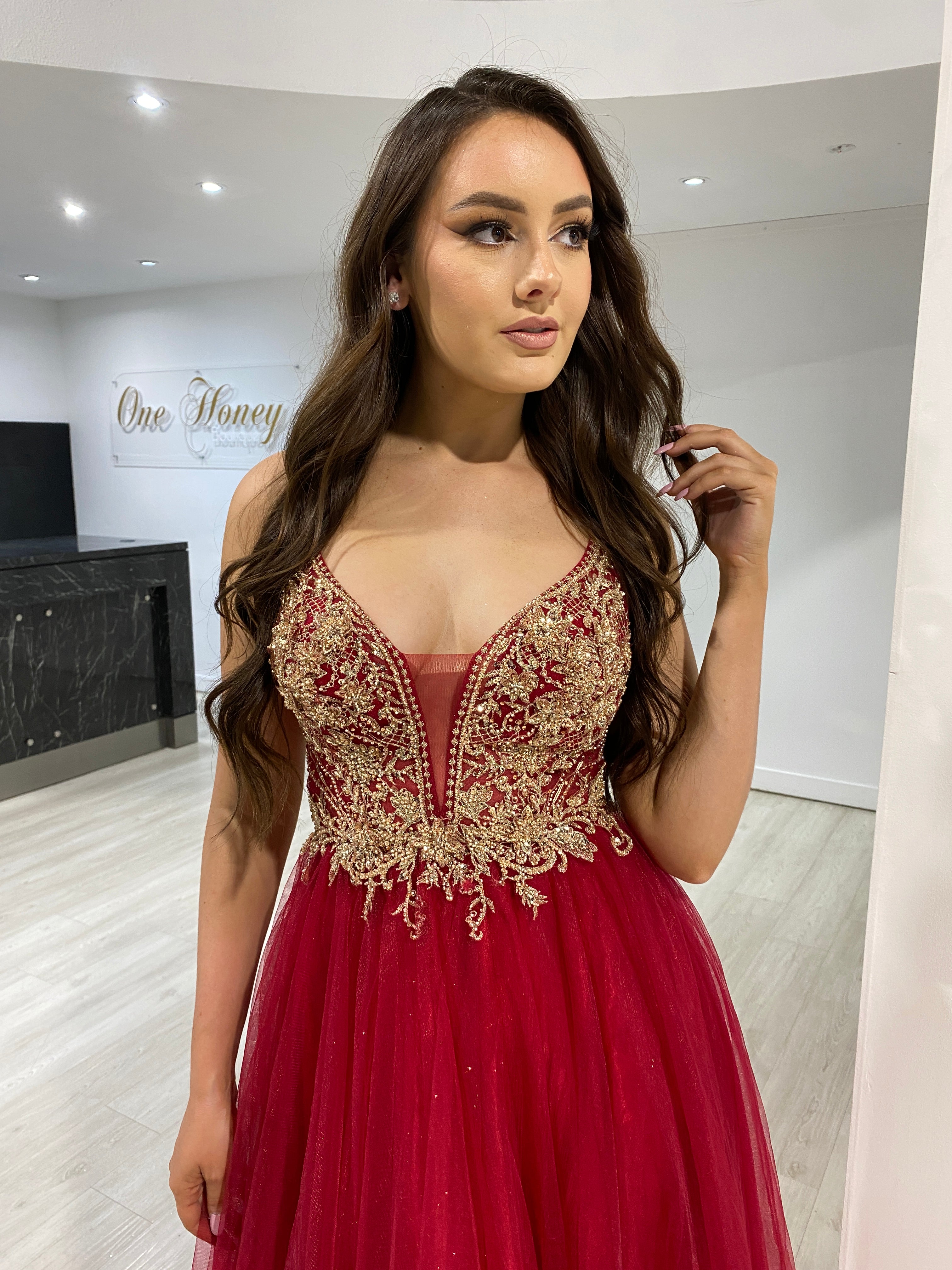 AMORET dress with gold beaded bodice, red tulle skirt, prom gown. Brisbane to Gold Coast, Australia.