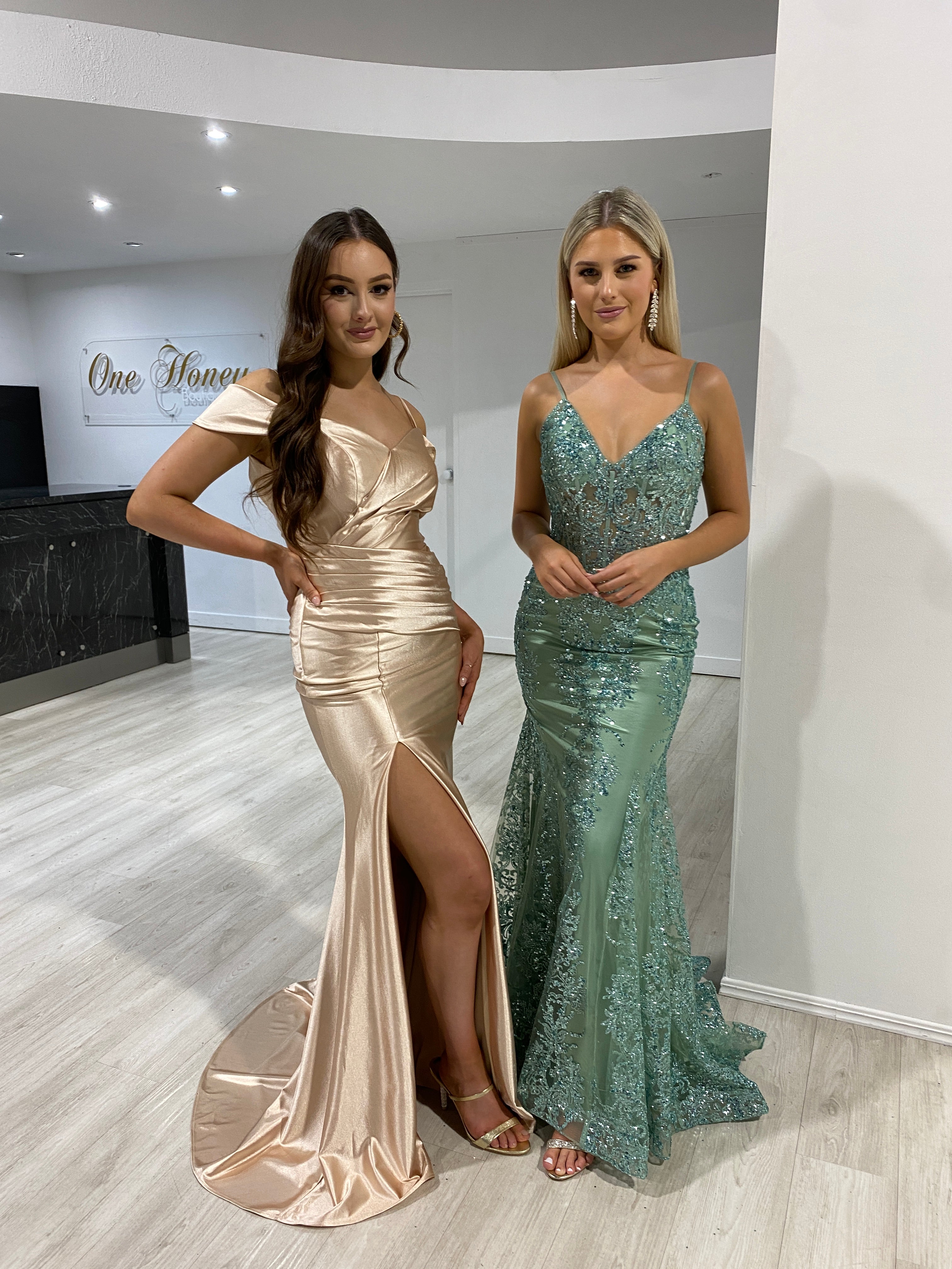 ROMY Silky Off Shoulder Mermaid Prom Dress with satin slit and sweep train, gold gown, Brisbane to Gold Coast