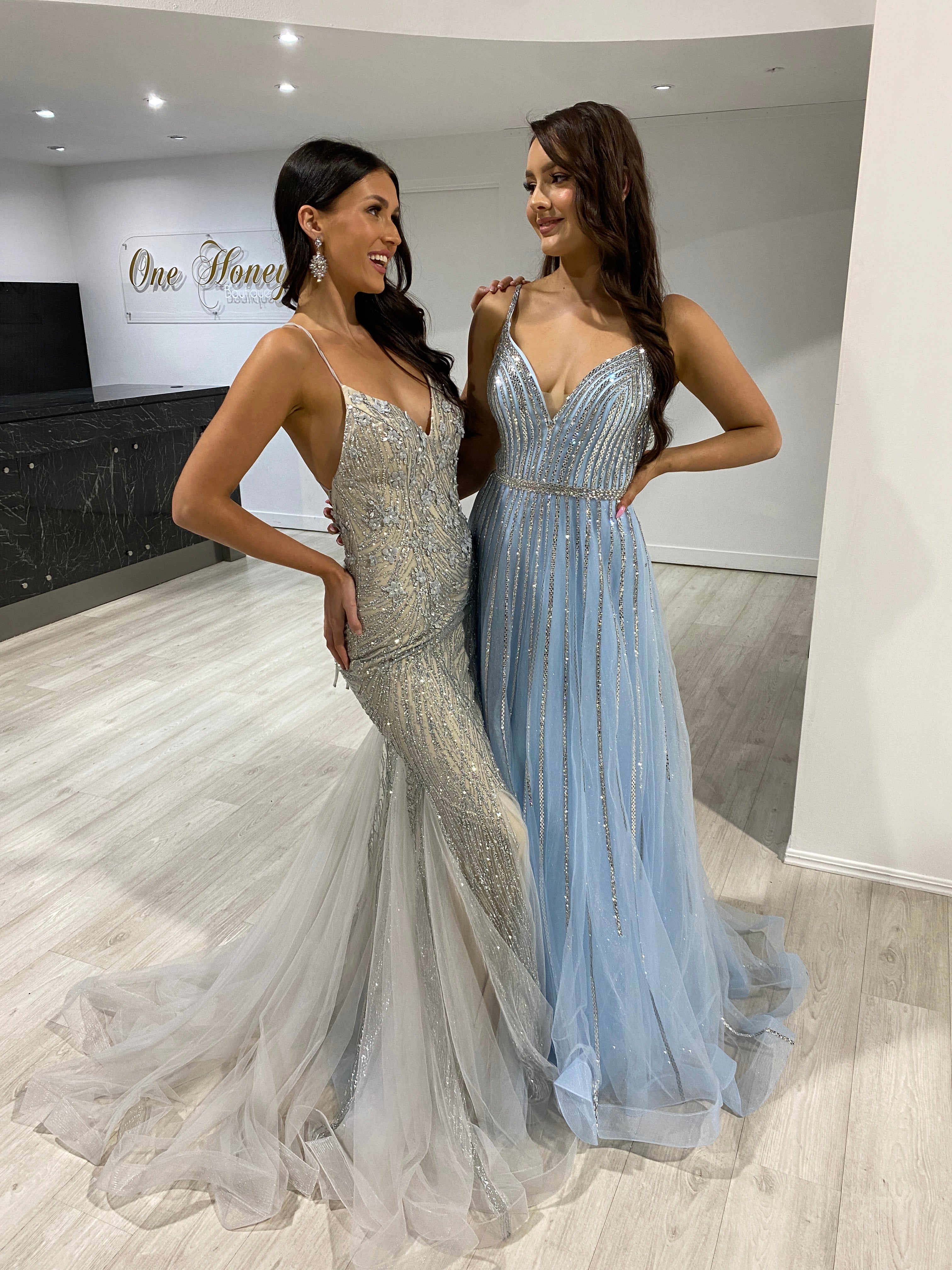 CHARLISE Ballgown with glitter tulle, linear platinum beading, and plunging back, perfect for formal events. Brisbane to Gold Coast.
