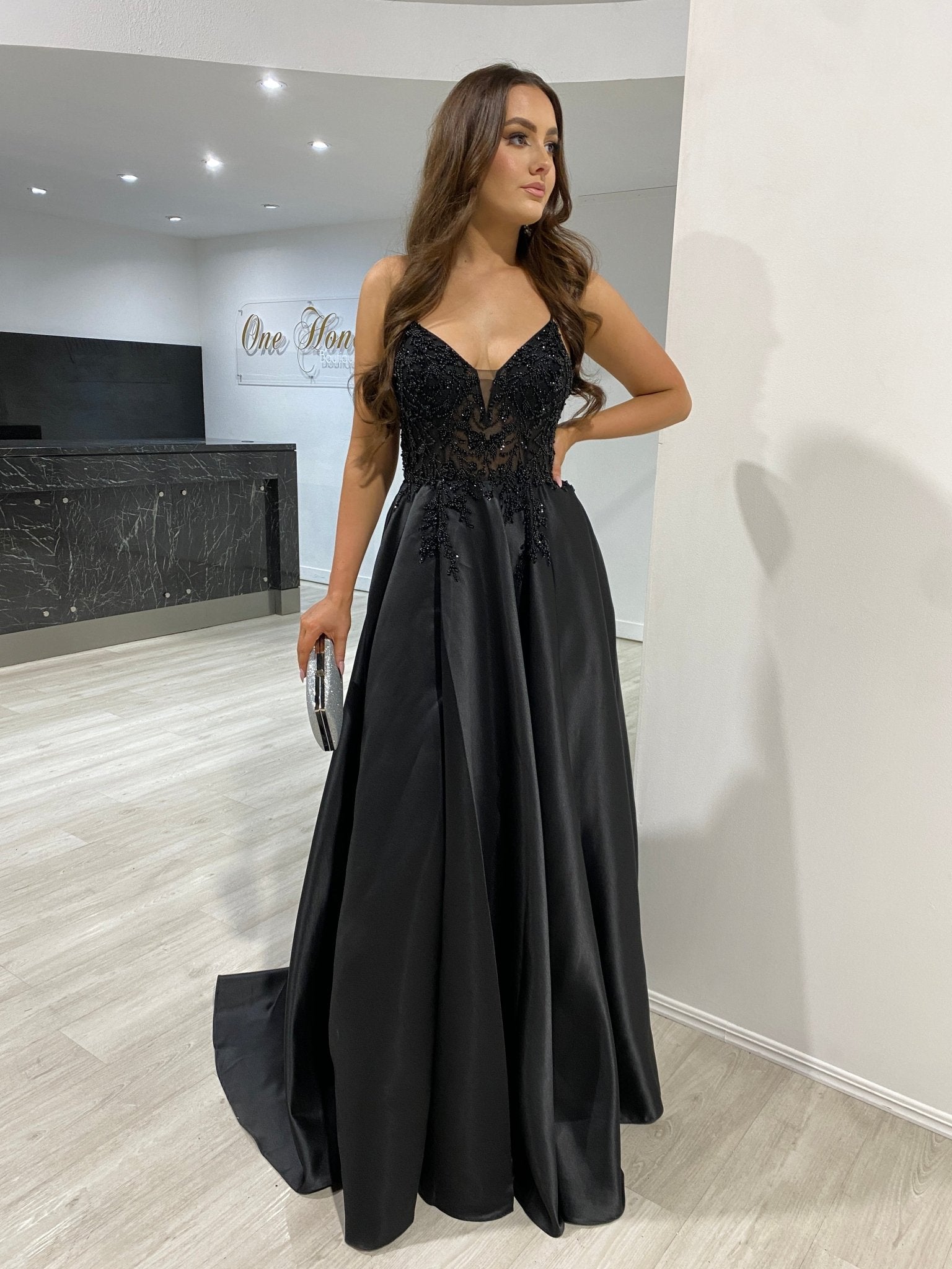 Honey Couture ALICE Black Satin A Line Beaded Bodice Formal Dress Honey Couture ALICE Black Satin A Line Beaded Bodice Formal Dress
