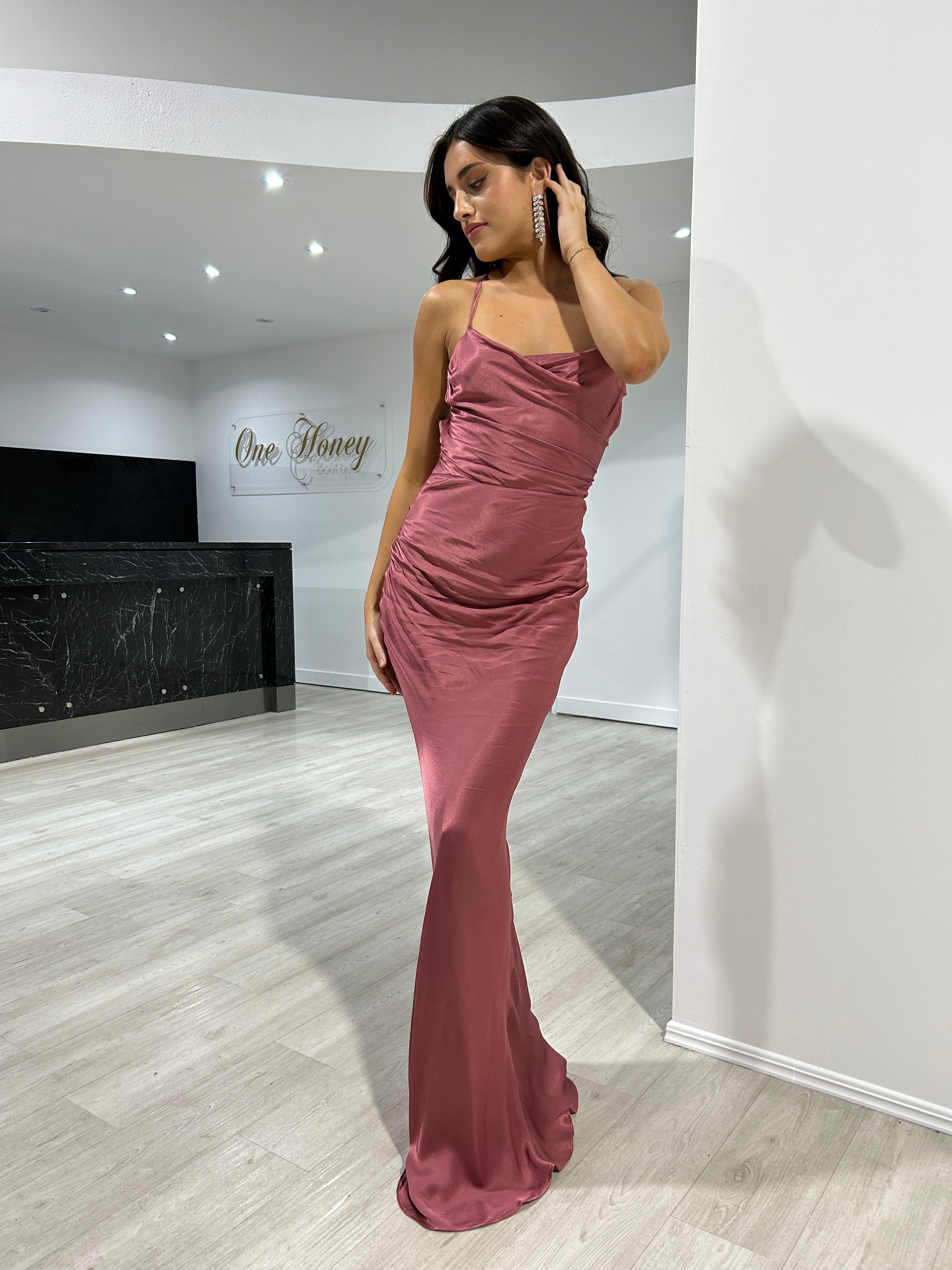 TIARN Satin Low Back Midi Dress with cowl neckline and lace-up back, perfect for semi-formal events. Brisbane to Gold Coast.