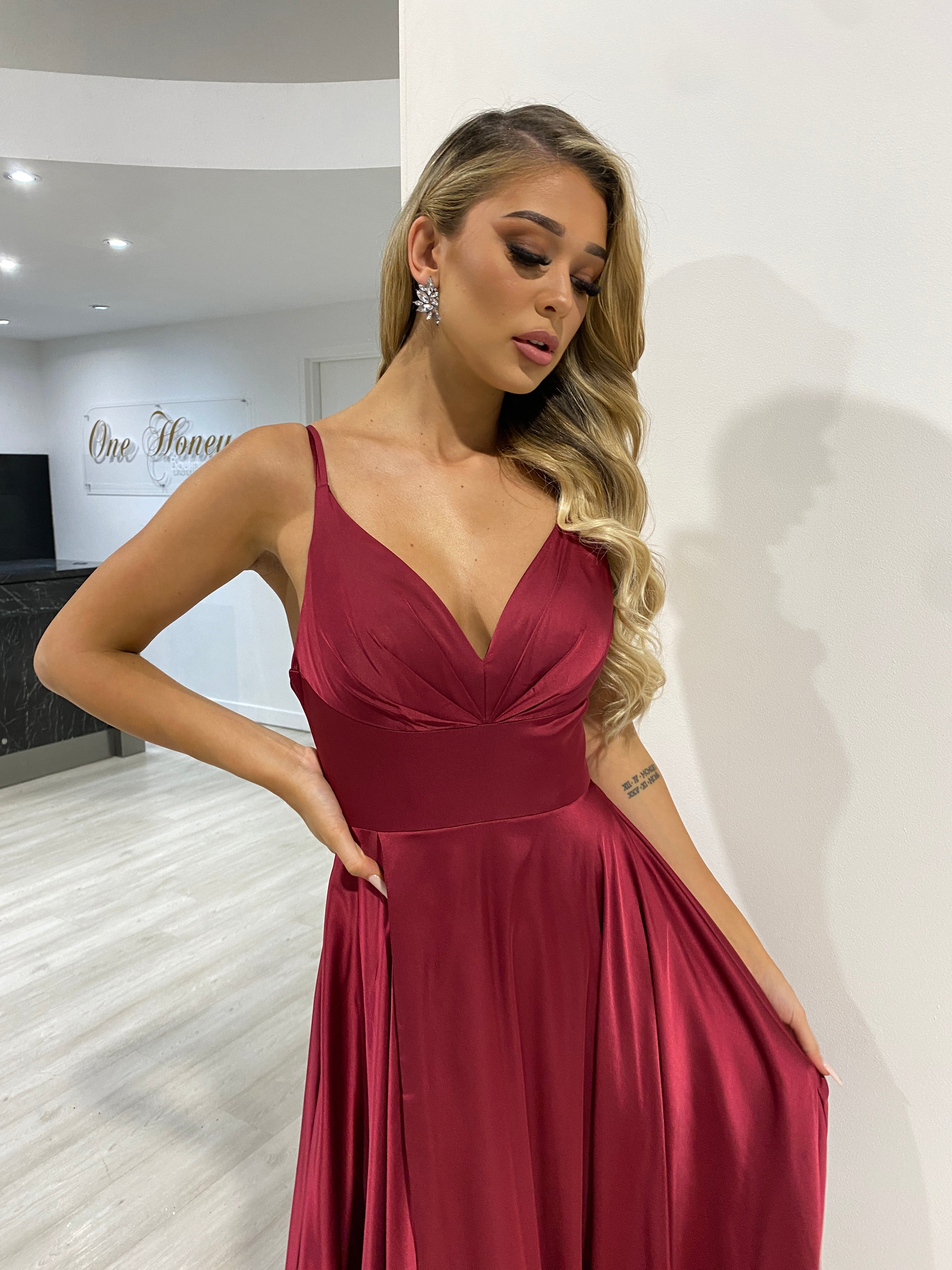 ROSALIA dress with deep V-neck and pleated bust, perfect for prom or formal. Flowing A-line silhouette. Brisbane to Gold Coast.