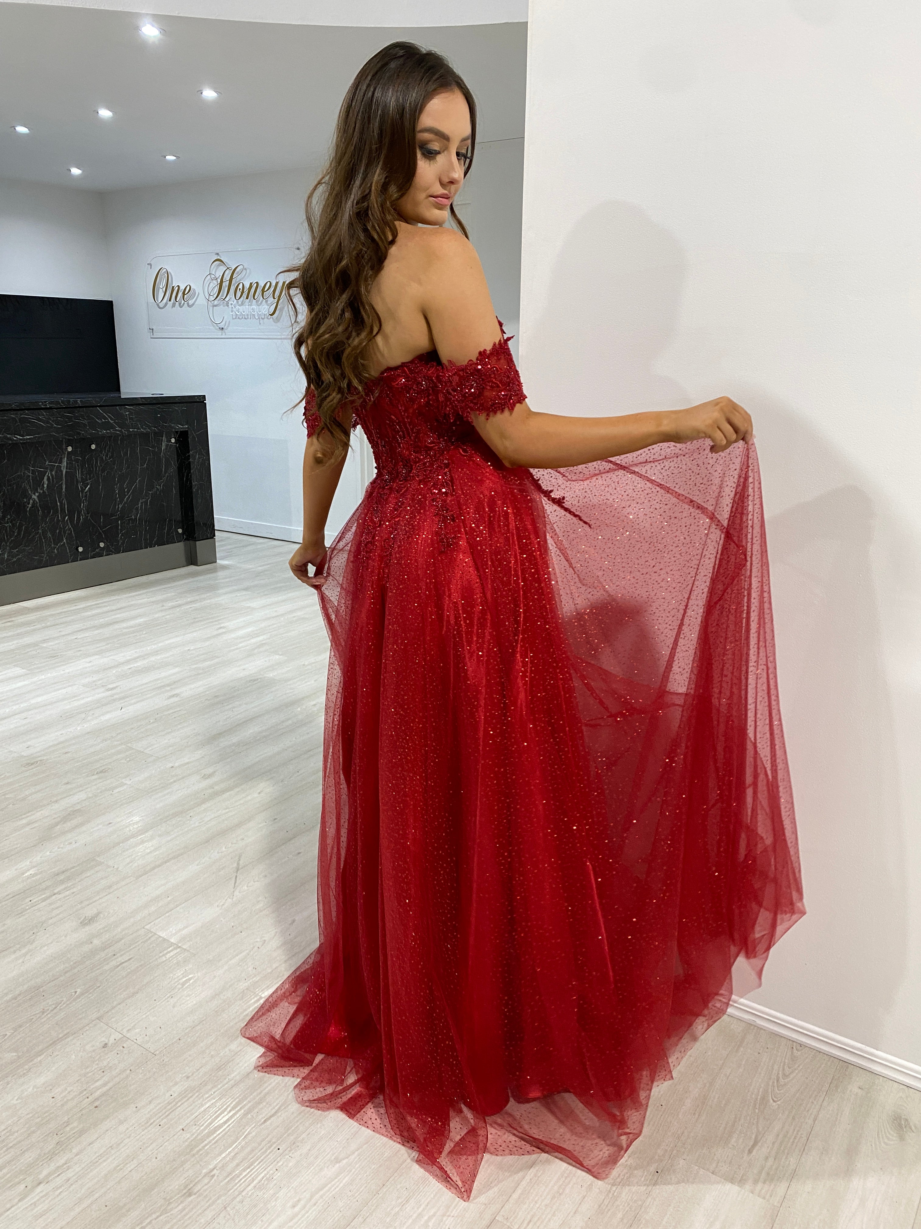 Honey Couture PHOEBE Burgundy Off the Shoulder Bustier Lace Applique Tulle Formal Dress