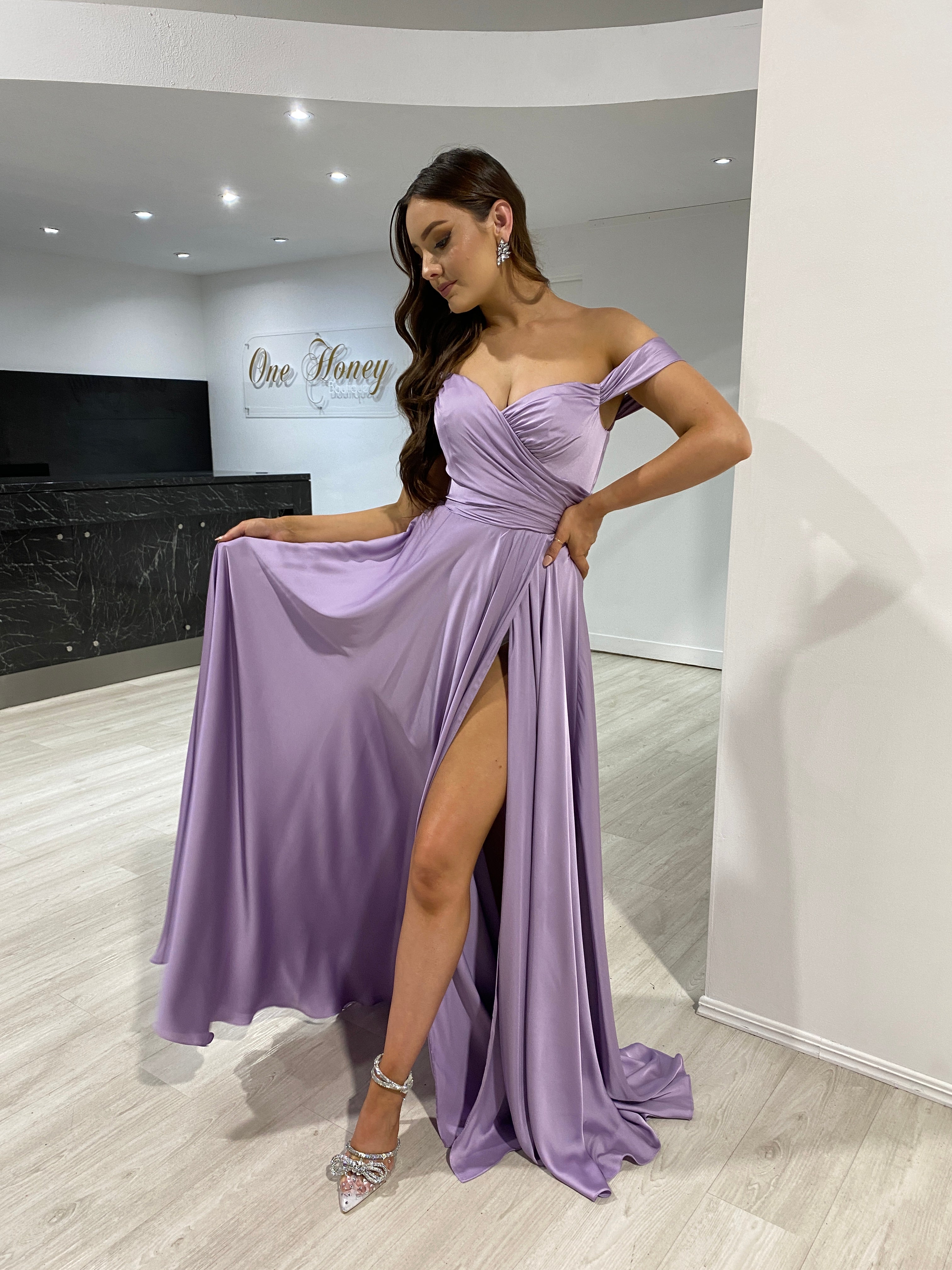 AURA Off the Shoulder Silky A-Line dress with thigh-high slit, perfect bridesmaid formal gown. Brisbane to Gold Coast, Australia.