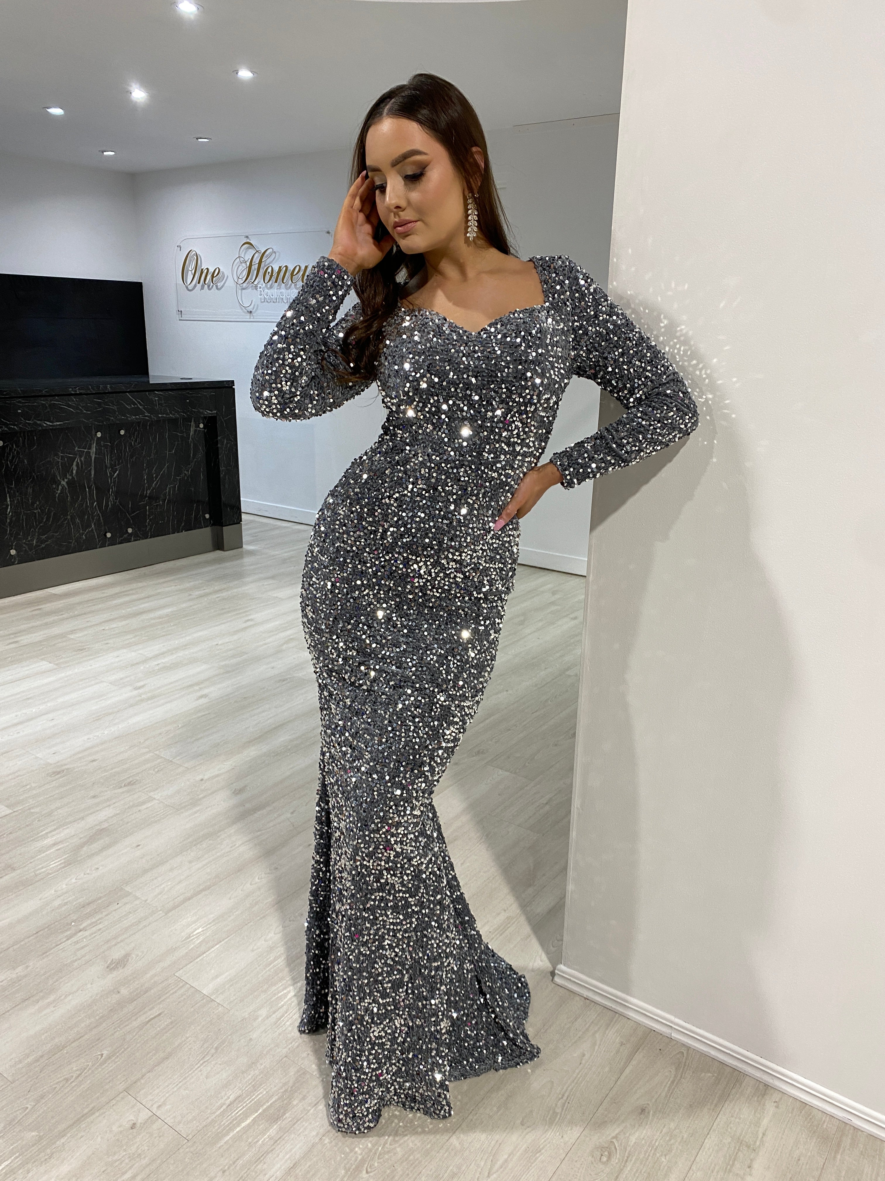 Honey Couture ALISON grey silver sequin long sleeve formal dress by Australian Designer, perfect prom dress or evening gown, affordable fashion.