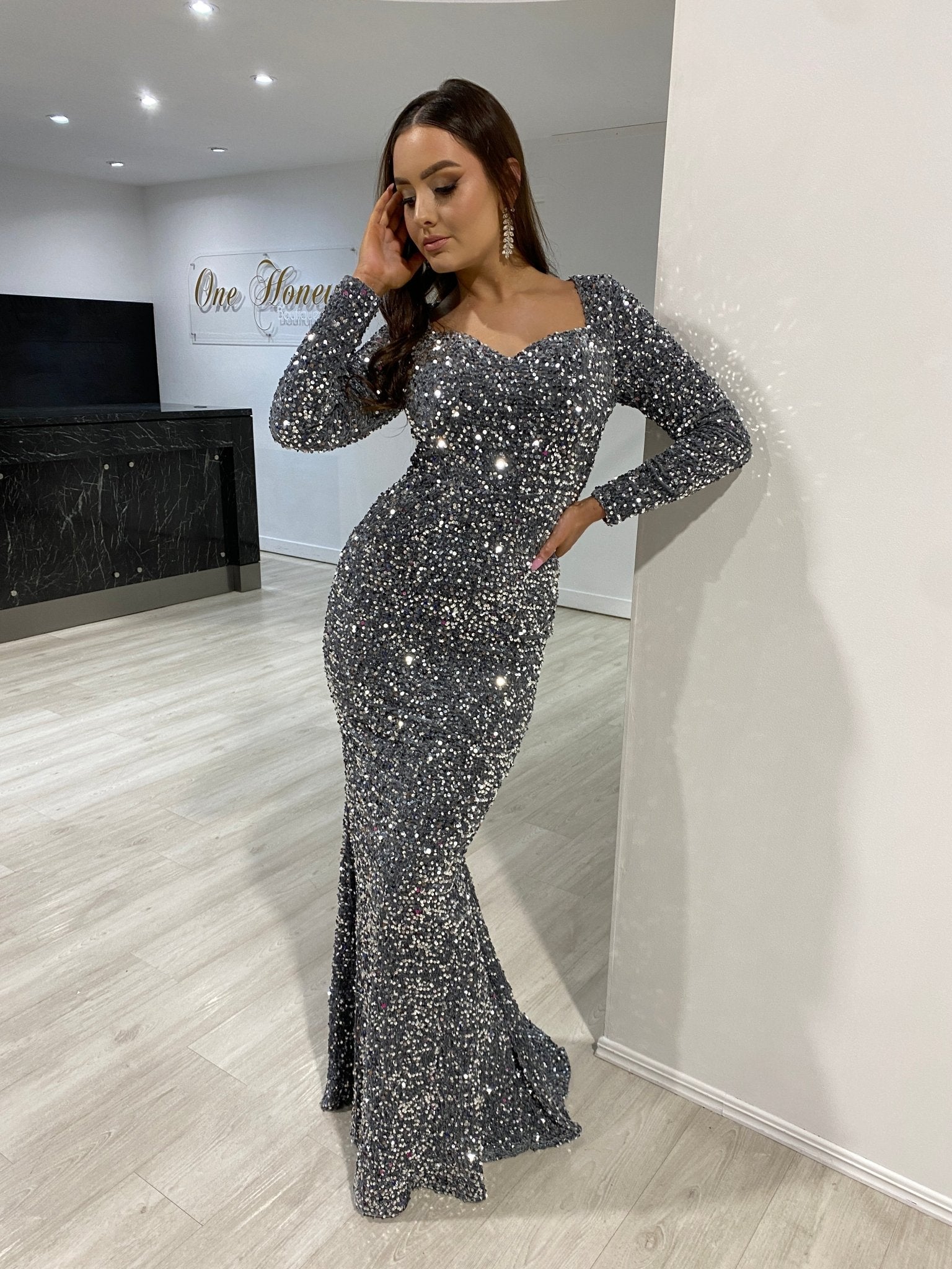 Honey Couture ALISON Grey Silver Sequin Long Sleeve Formal Dress in Australia | One Honey Boutique