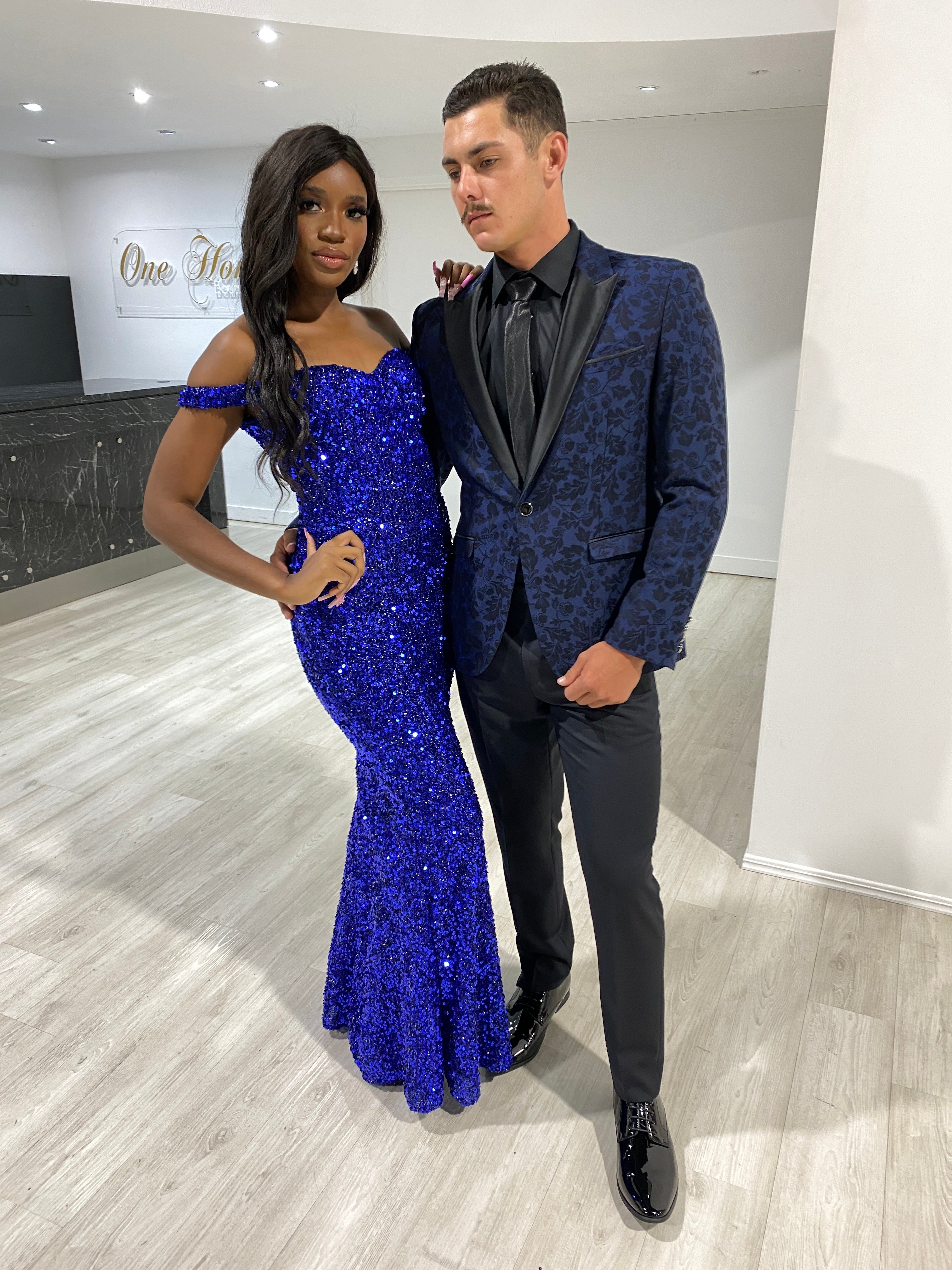 Honey Couture BLAIR Electric Blue Sequin Off Shoulder Formal Gala Dress by Australian Designer, perfect for proms and evening events.