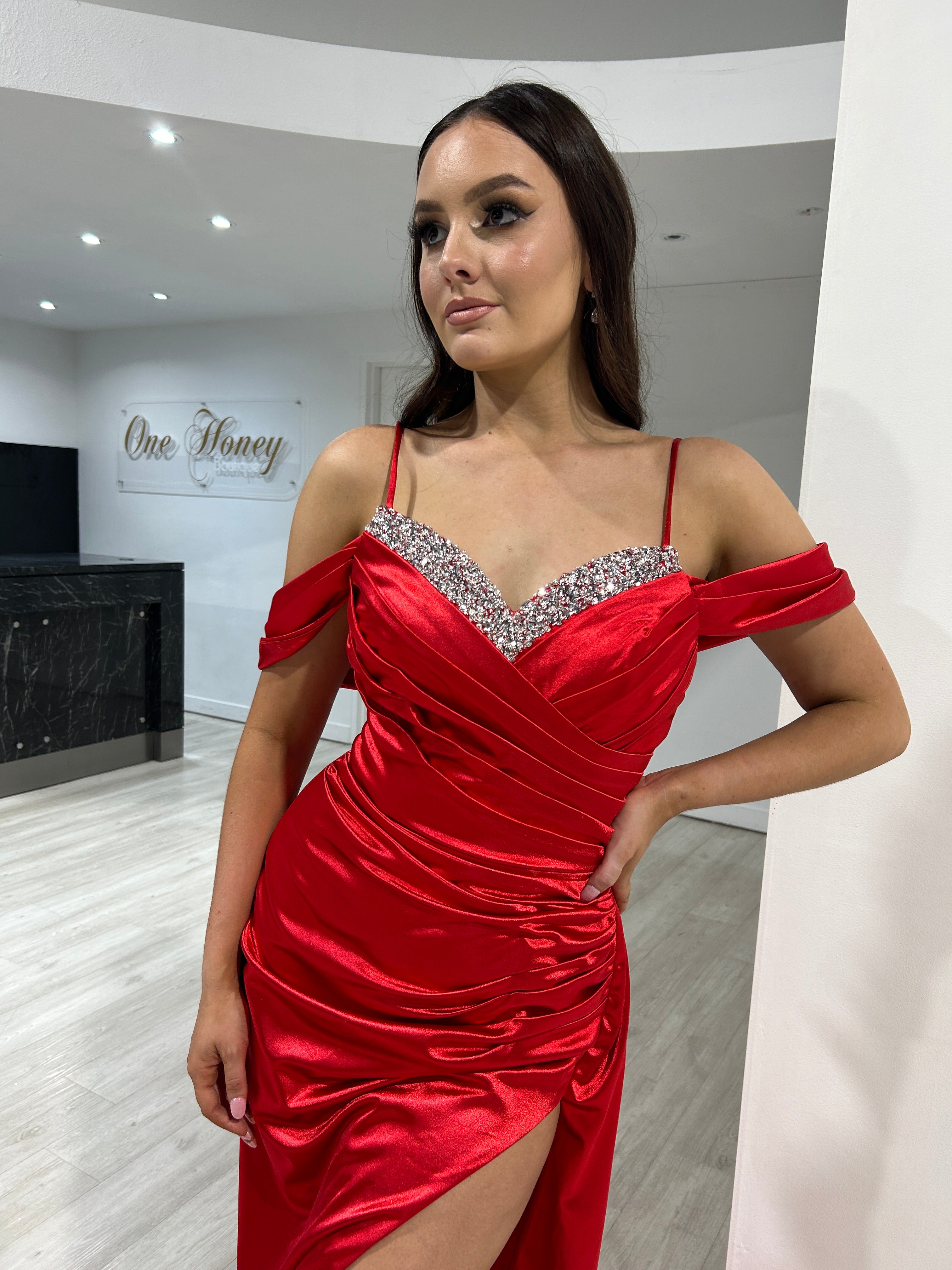 RIRI Beaded Silky Corset Ruched Formal Gown with pleated bodice and off-the-shoulder sleeves, evening gown, Brisbane to Gold Coast.