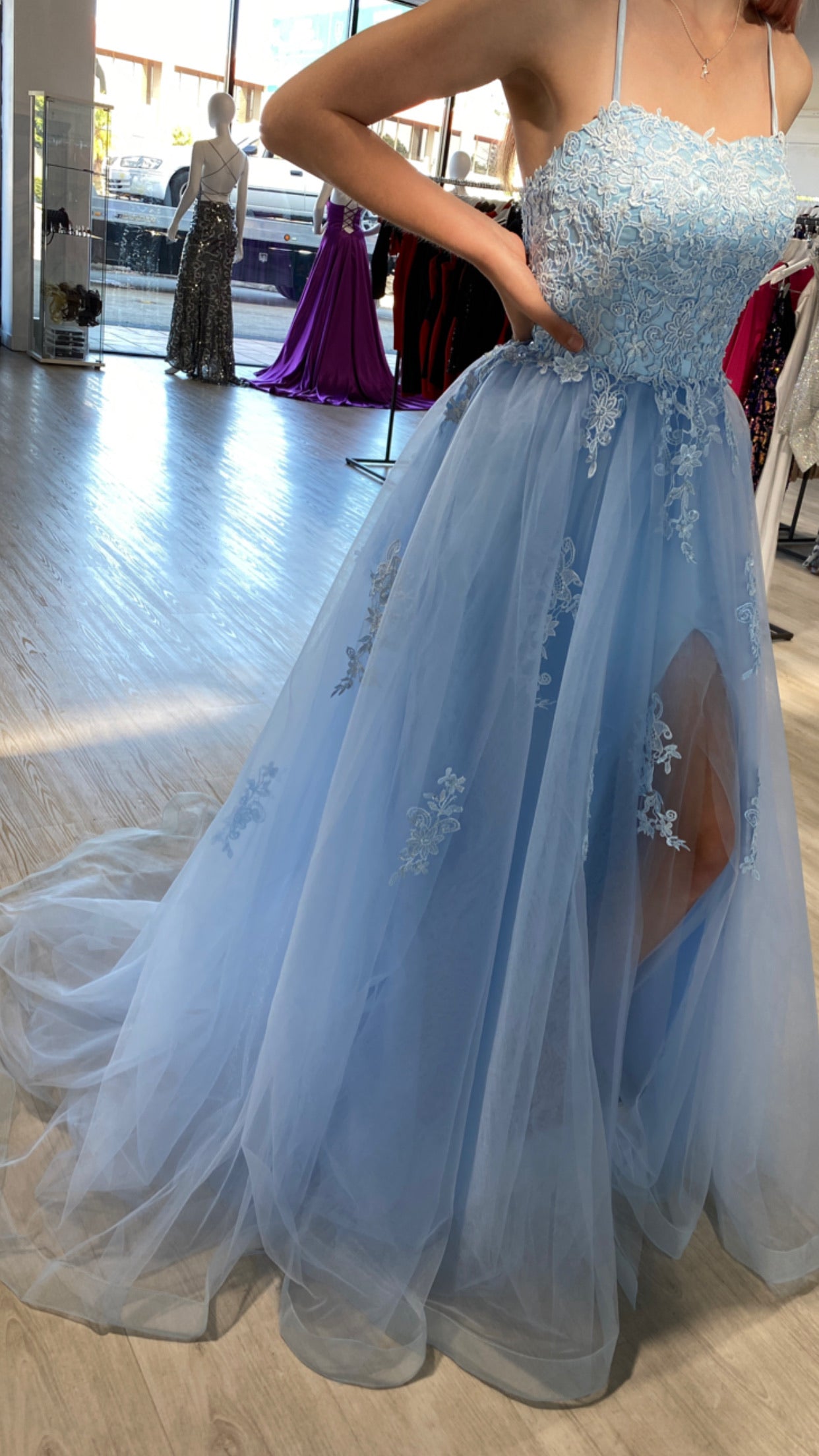 Elegant light blue tulle formal dress with lace appliqué, from Honey Couture's Freya collection, perfect for prom and pageants.