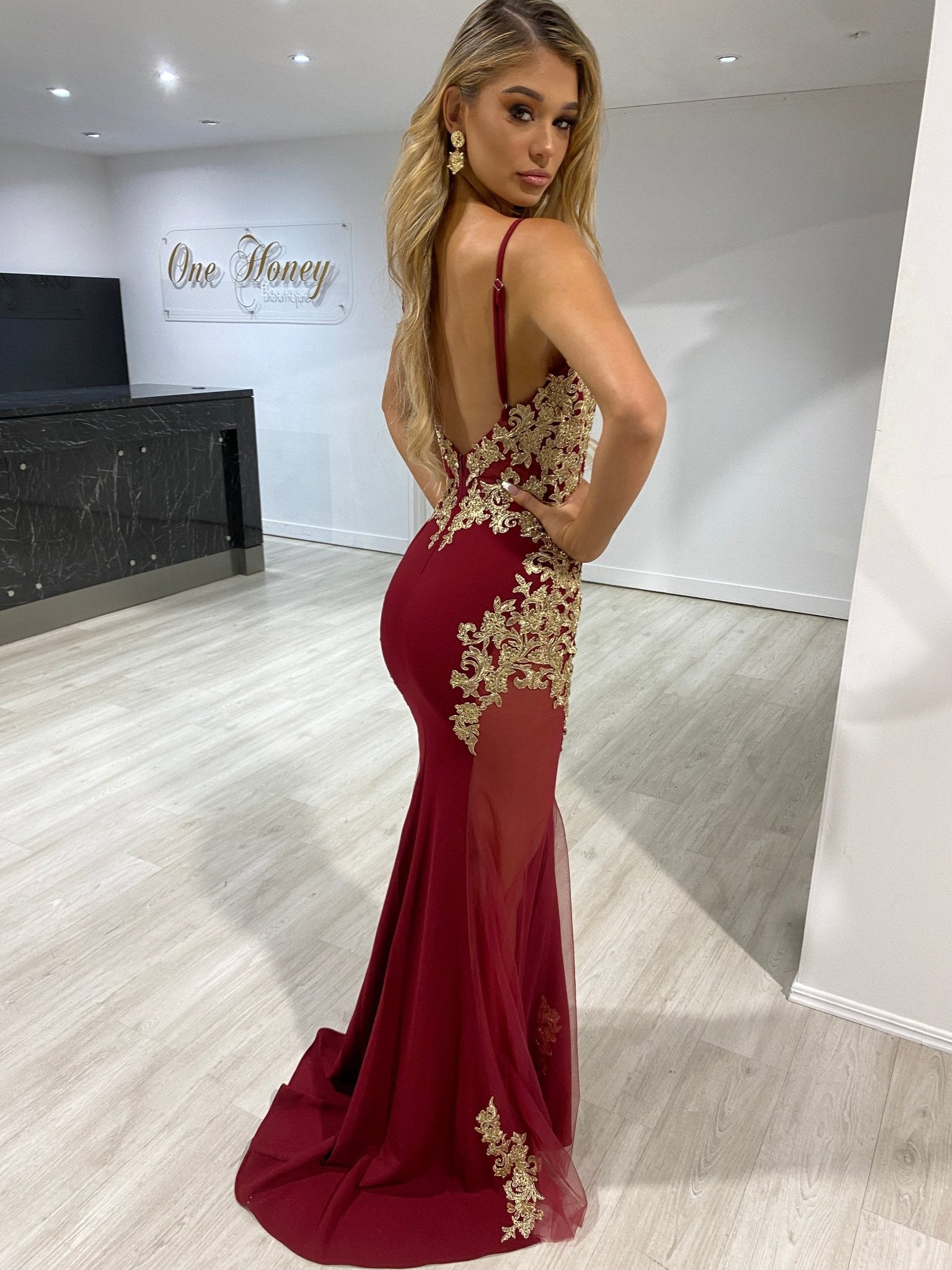Honey Couture DIANNA Burgundy & Gold Lace Mesh Insert Mermaid Formal Dress in Australia | One Honey Boutique