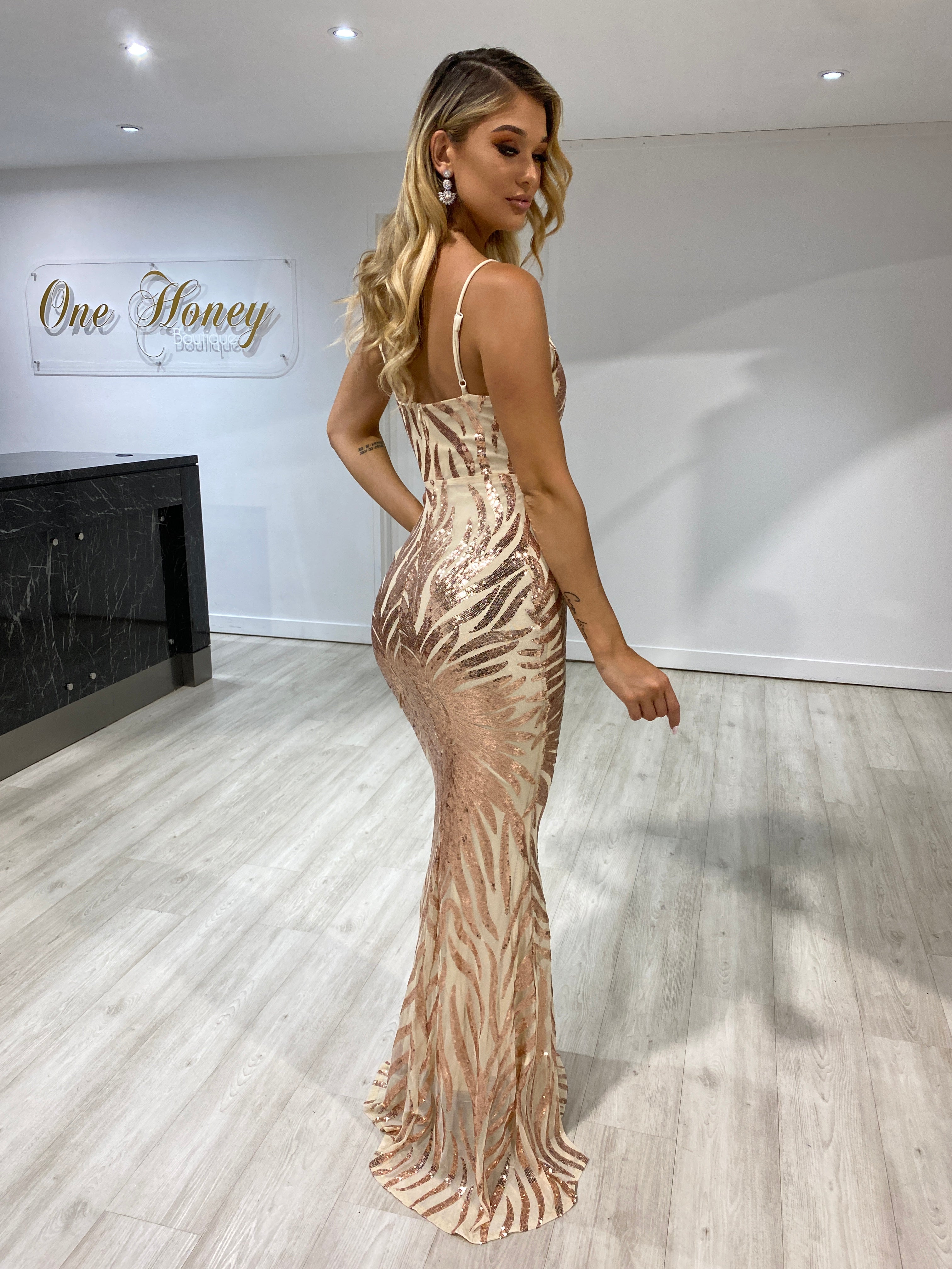 Honey Couture GENENE Rose Gold Sequin Formal Dress, Australian Designer Evening Gown with thin straps, ideal for prom, affordable glamour.