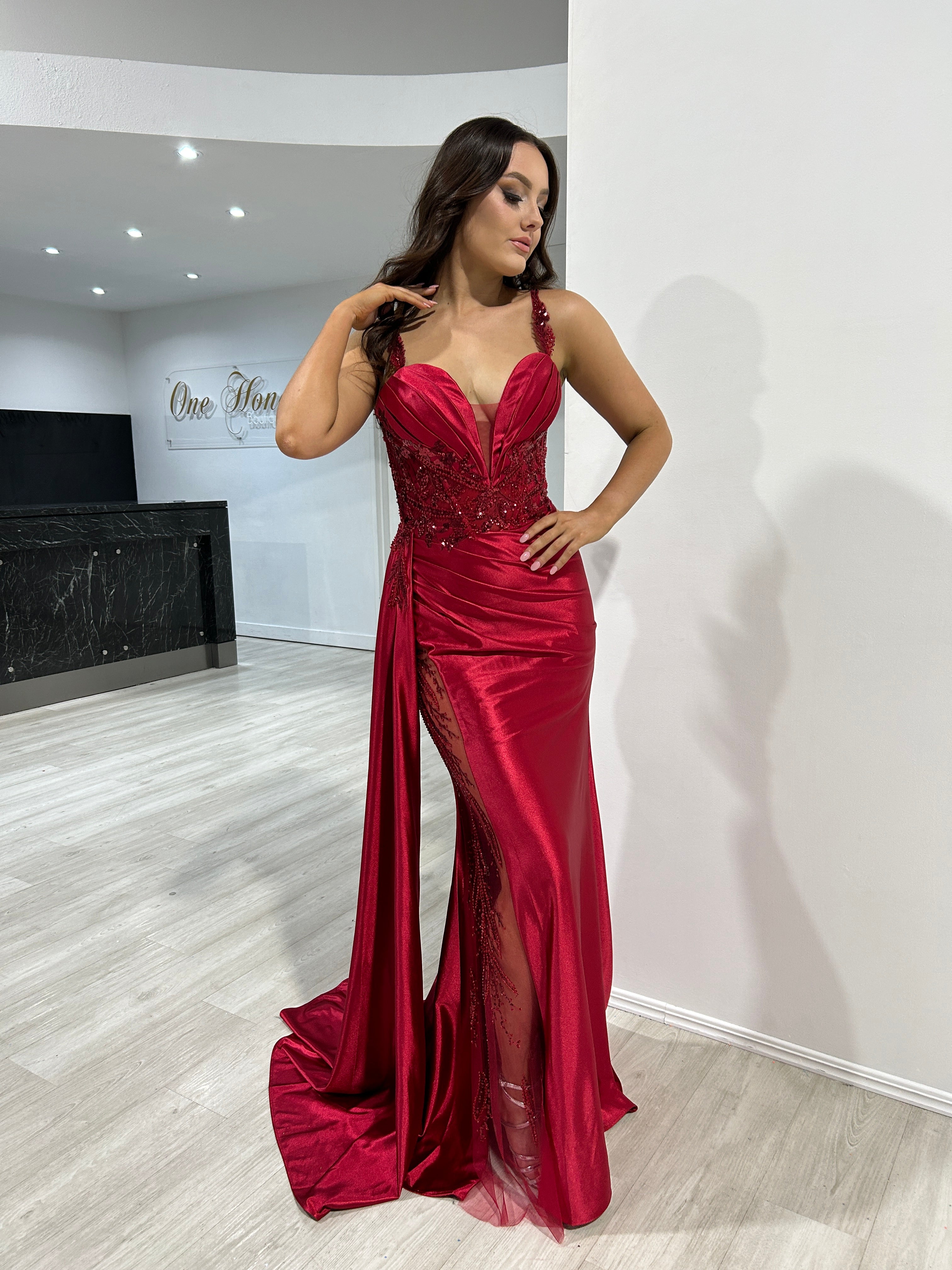 ANTONIA Embellished Corset Satin Mermaid Dress with beaded slit, evening gown, Brisbane to Gold Coast Australia.