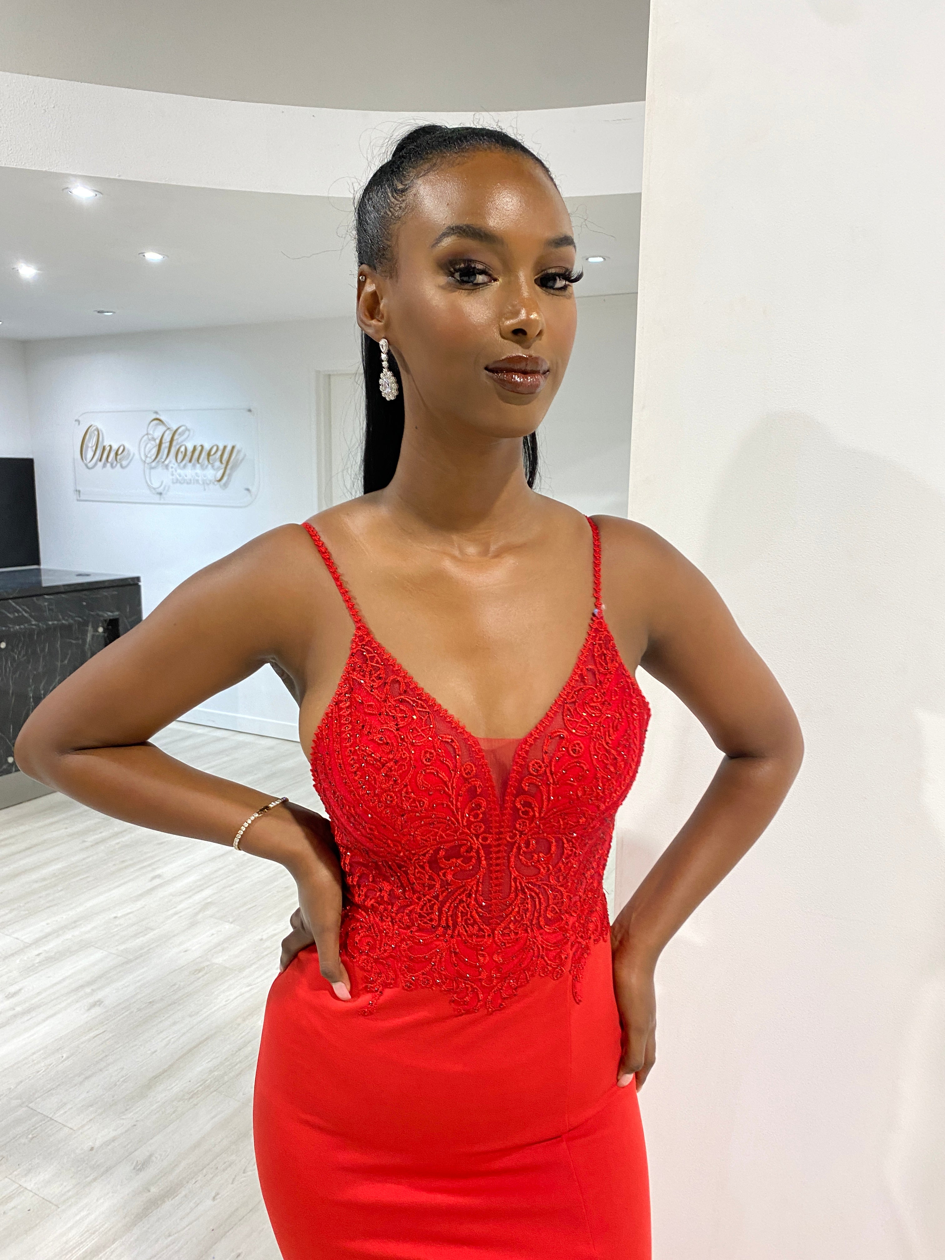 Honey Couture MIREN Red Lace Applique Mermaid Dress; Australian Designer prom gown with thin straps and lace detail. Limited edition.