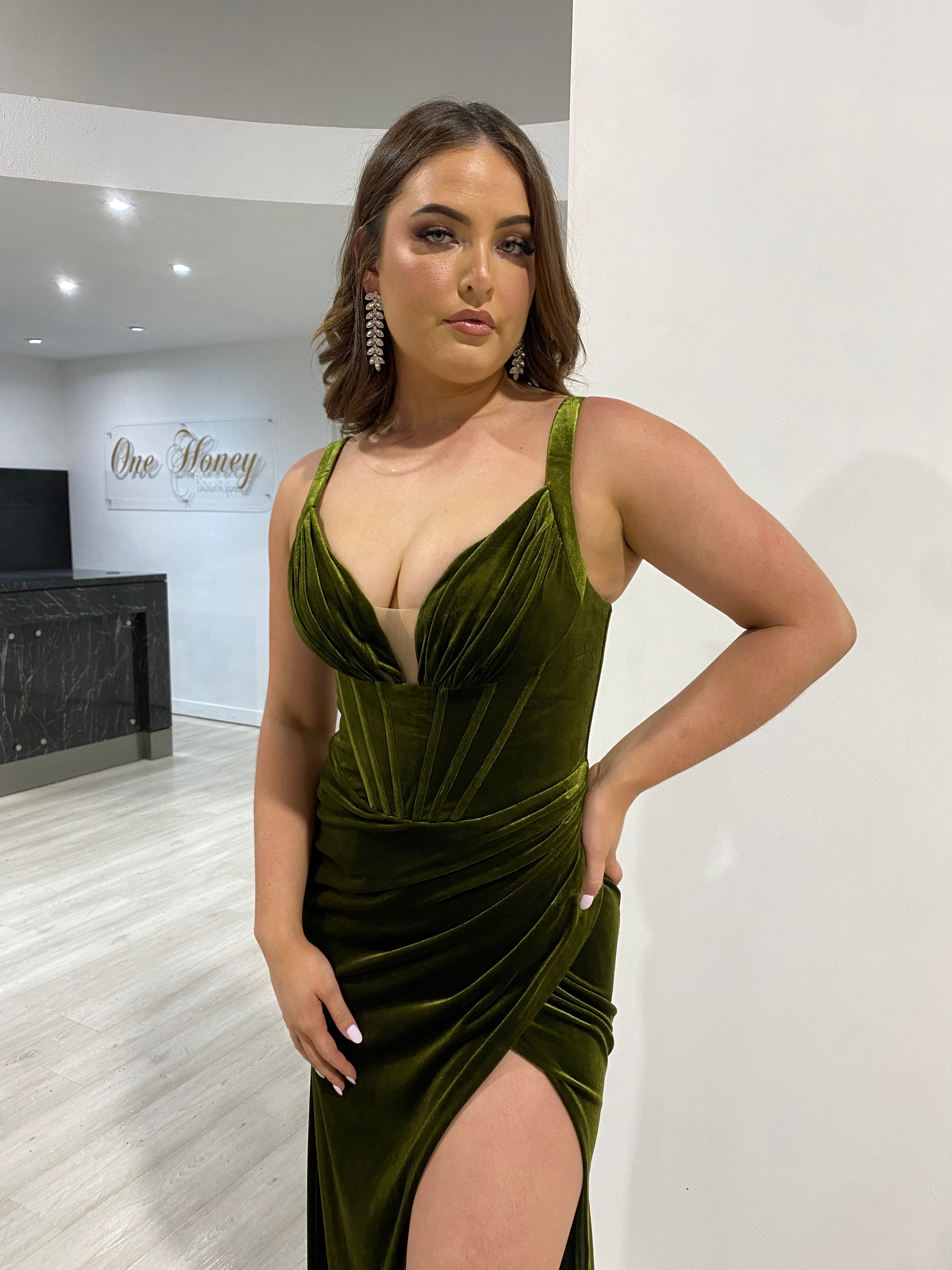 HARLEY Bustier Velour Corset Mermaid Formal Dress featuring a pleated bustier and side slit, perfect for evening events. Brisbane to Gold Coast.