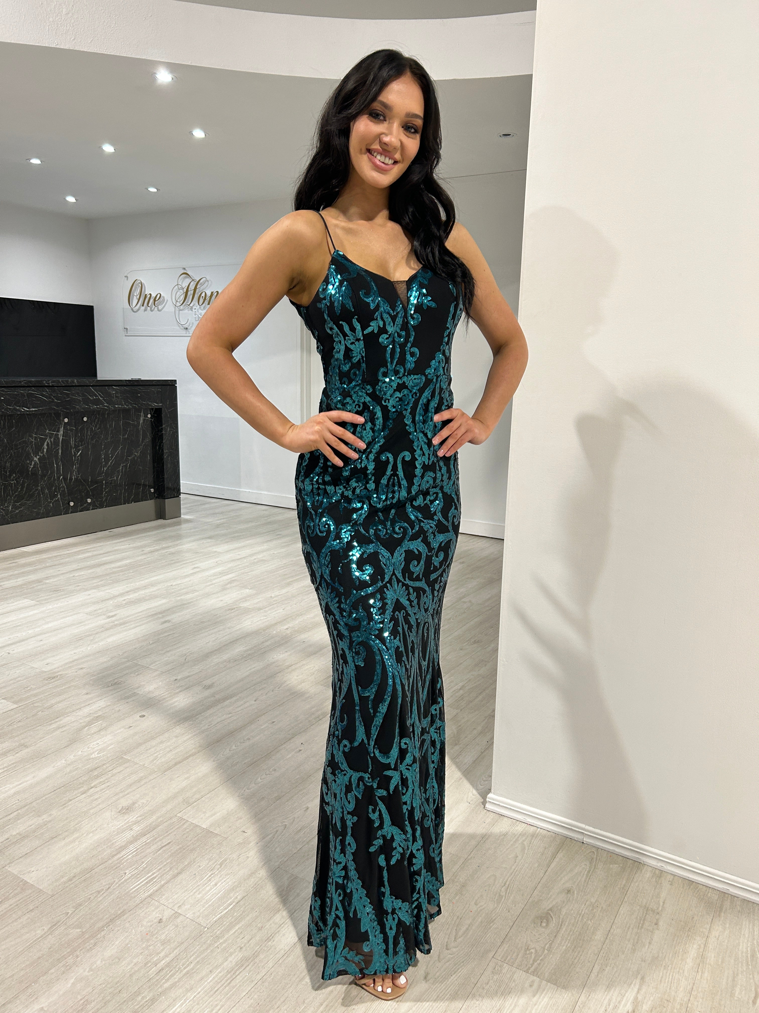 Honey Couture CARTIER black & emerald green sequin pattern dress from Australian Designer, perfect for prom or special occasions.