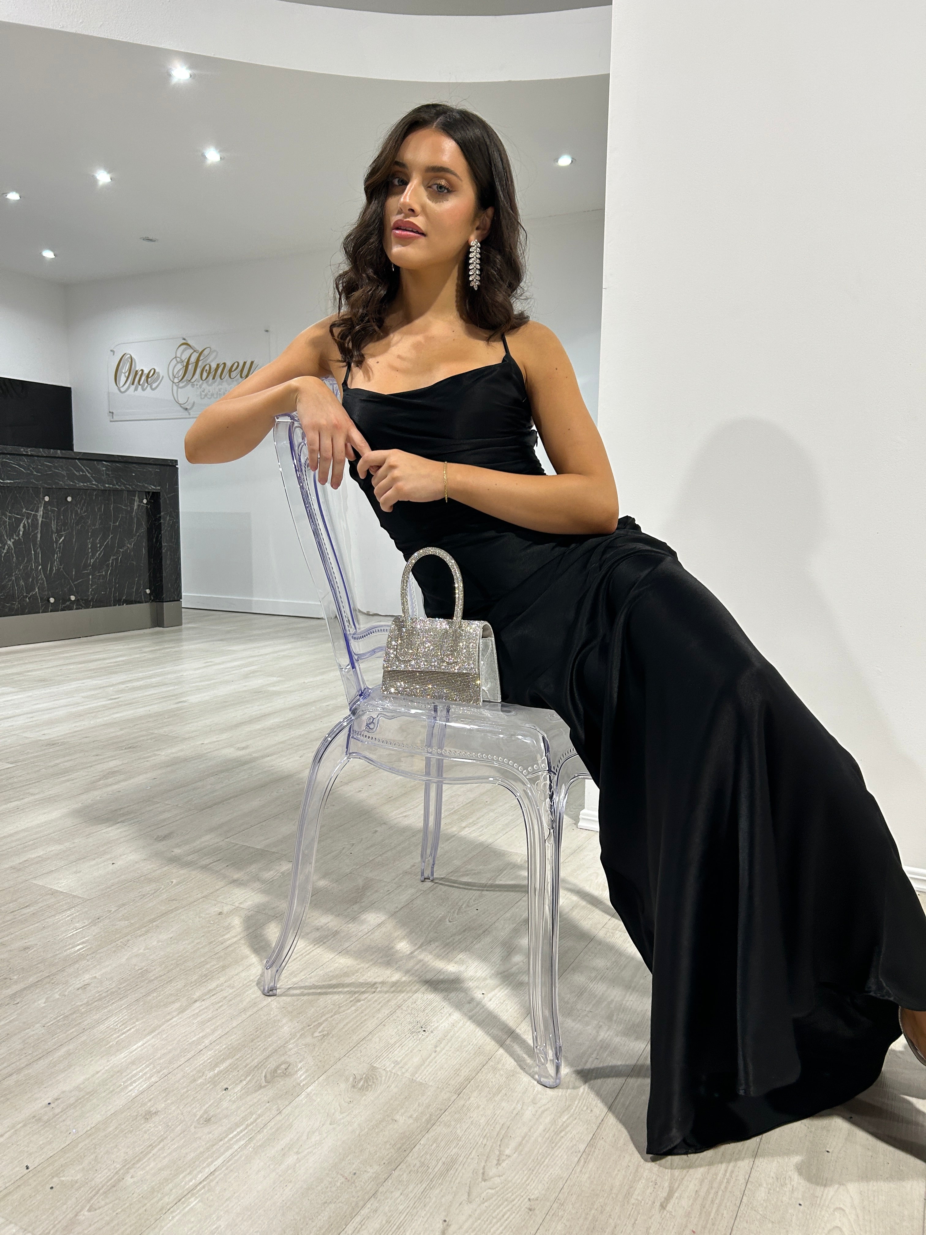 TIARN Satin Low Back Midi Dress with sleek cowl neckline and lace-up back, semi formal style. Brisbane to Gold Coast, Australia.
